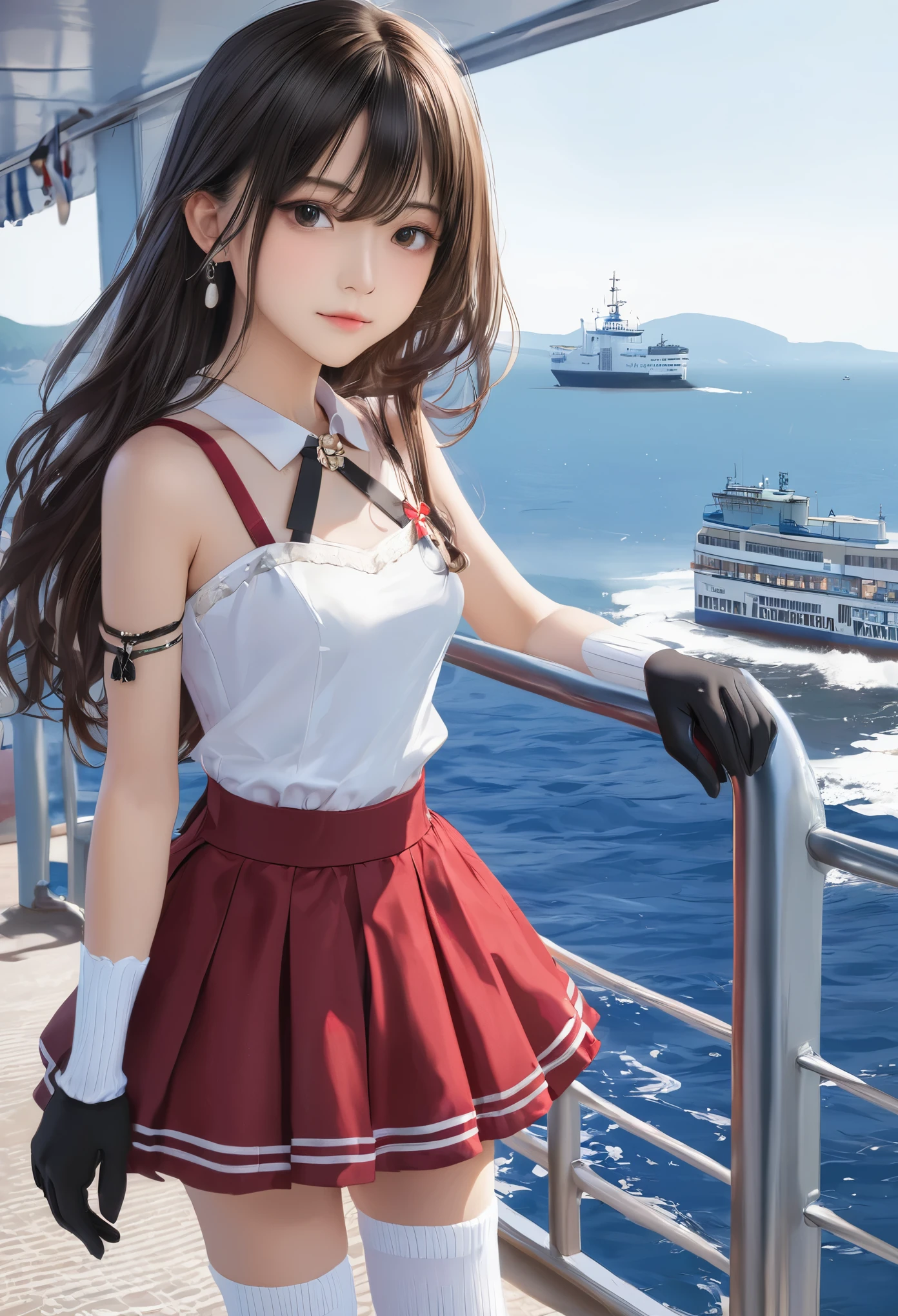 (masterpiece, Highest quality:1.2), one person's, alone,Bony body、、ferry, ((Long Hair)), ferryBase, ((Knee socks)), Exposing shoulders, ((jewelry)), ((No sleeve)), White Dress, Red Skirt, ((gloves)), Up to the thighs,