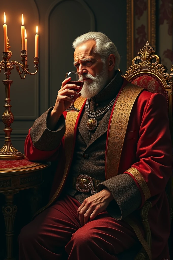 Homem velho, de cabelos brancos, vestido com um rei, holding a glass of wine, em seu trono