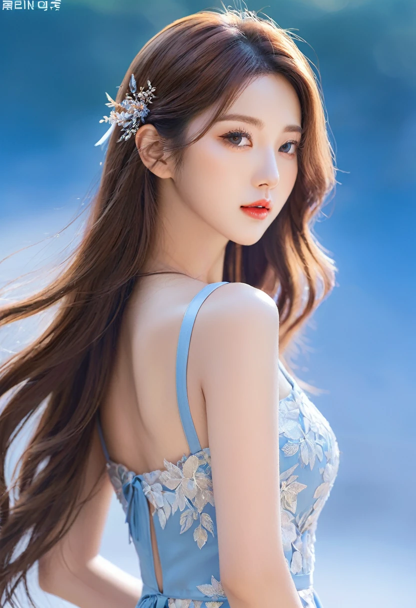 masterpiece, best~of 품질, eyeliner, eye shadow, looking at viewer, attractive, (full body shot) ~~of (돌리에노바디Sd15:0.8) Wearing (party ~of류:1.2), 1 woman, alone, long hair, S~~oft breaStS, smirk, sleeveless, forehead, blush, ~of류 컷아웃, long hair, glowing skin, Plaza~of 야외 좌석, cloudy sky, upper body, very detailed, illustration, 