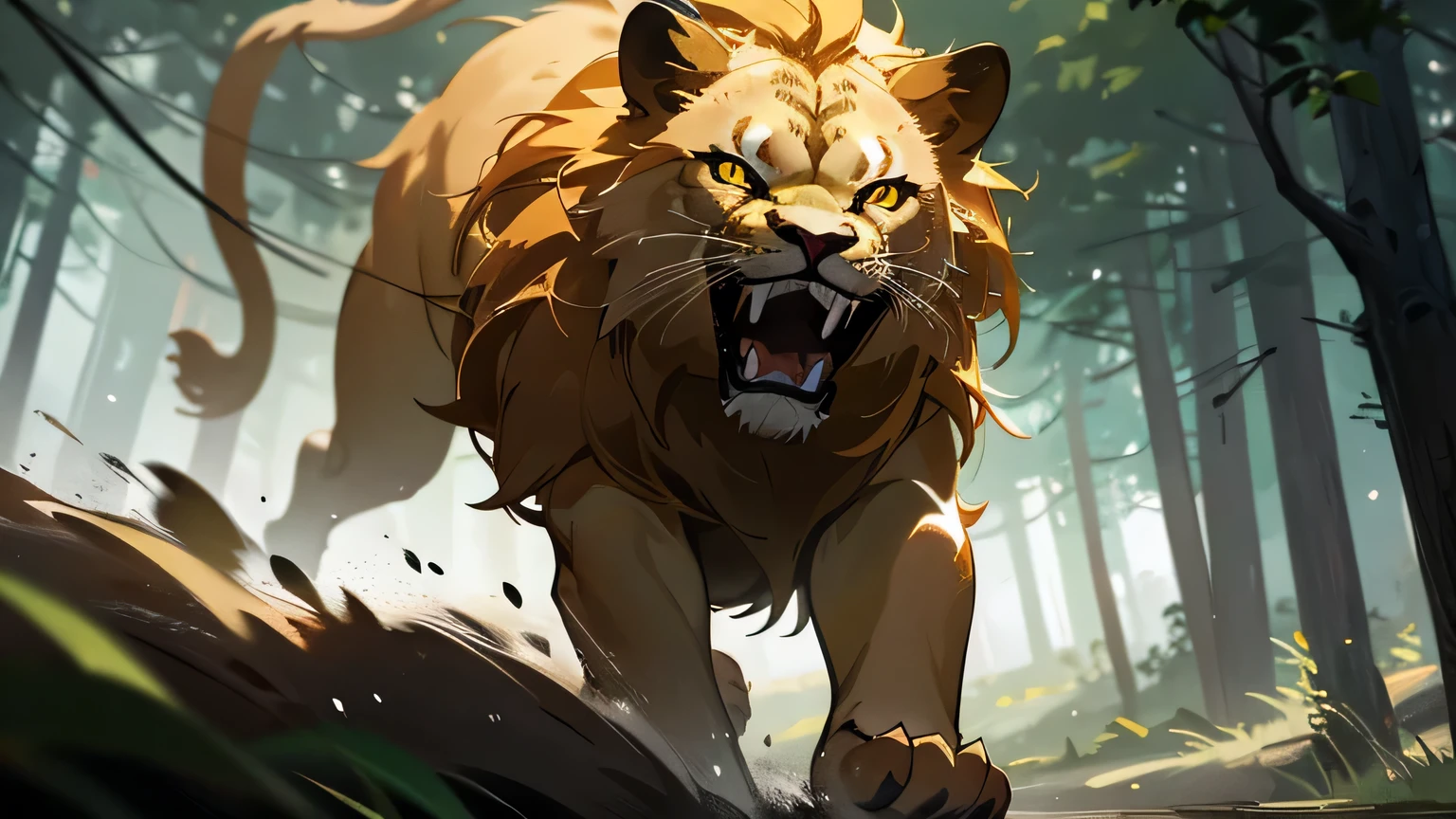 Motion scene, lion in forest leaping into the air attacking, epic, glowing yellow eyes, shiny eyes, sharp fangs, dim lighting, hyper realistic, cinematic lighting, intricate details, 8k, high quality, photorealistic, dramatic, powerful, majestic