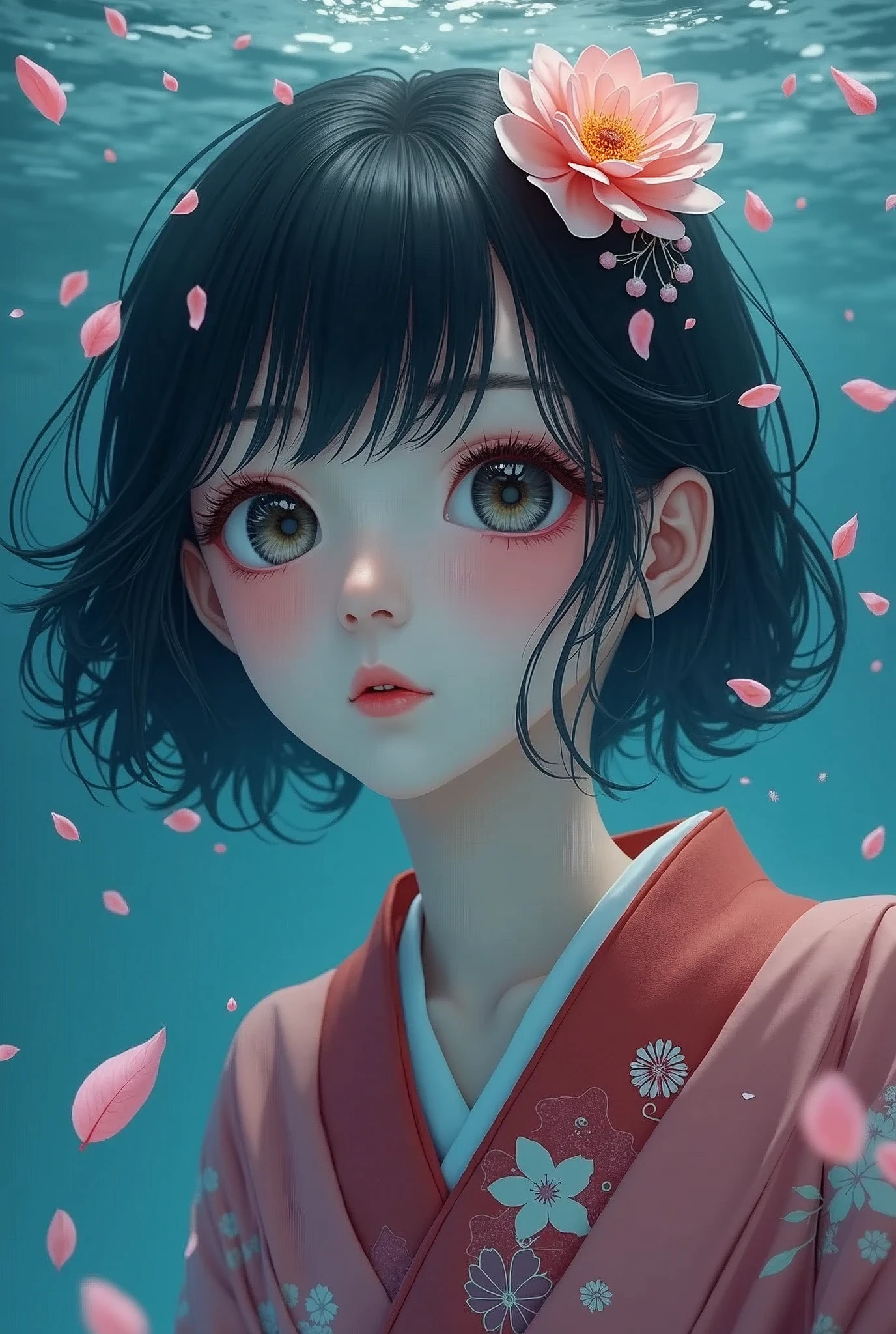1 girl in kimono, beautiful detailed eyes, beautiful detailed lips, extremely detailed face, longeyelashes, short hair, underwater, partially submerged, petals, original, moonlit, high resolution, best quality, 4k, 8k, highres, masterpiece:1.2, ultra-detailed, realistic, photorealistic, photo-realistic:1.37, HDR, UHD, studio lighting, ultra-fine painting, sharp focus, physically-based rendering, extreme detail description, professional, vivid colors, bokeh