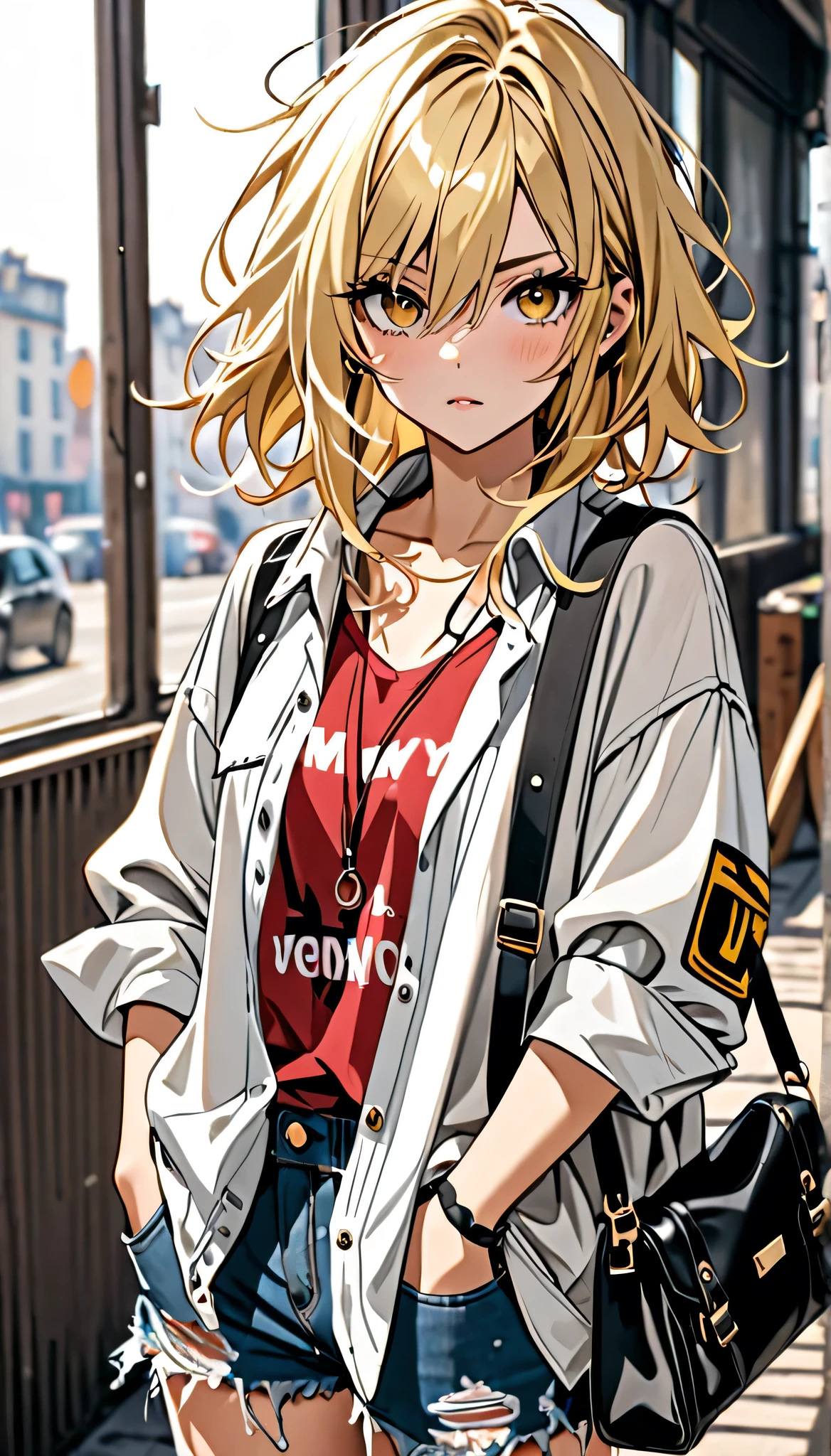 Beautiful and blond, messy and stylish clothes