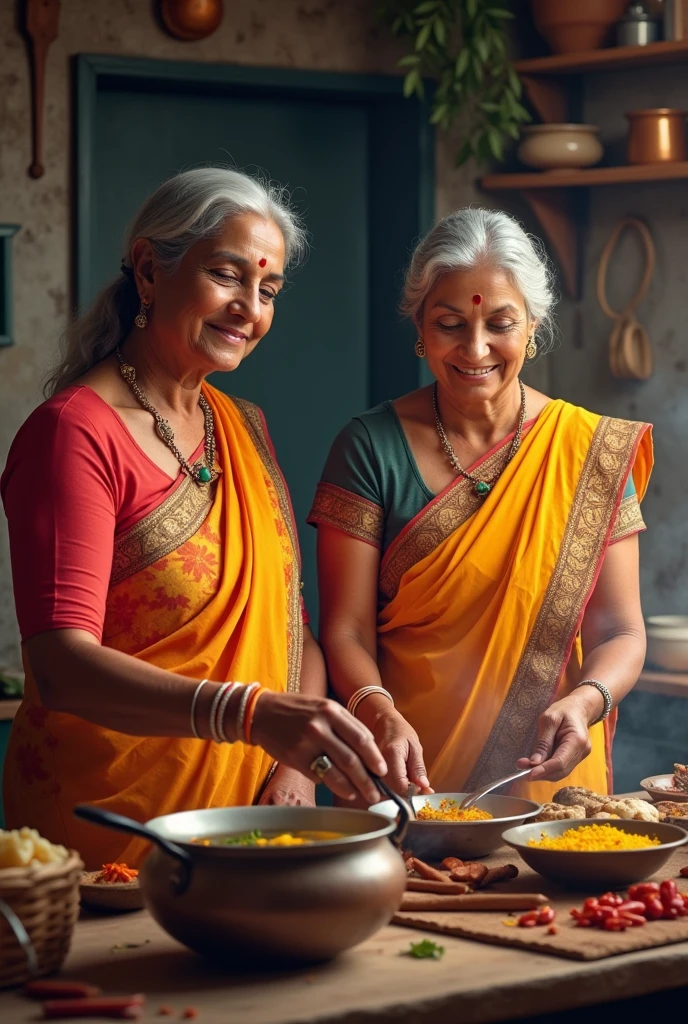 Generate an image of two indian tradtional women cooking in the kitchen with age of 45 Years