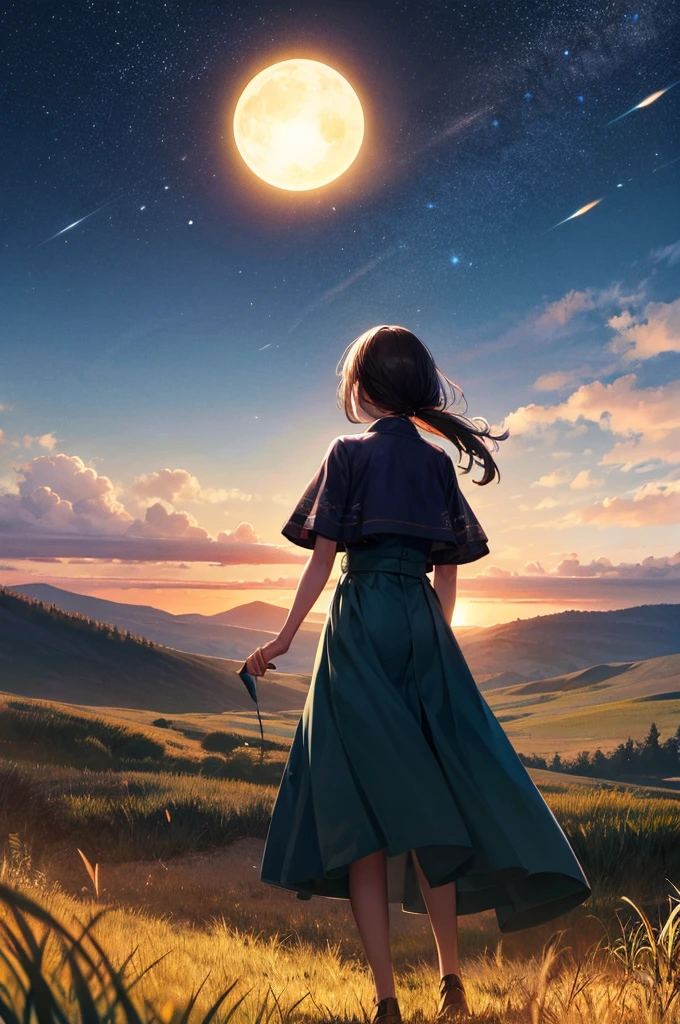 Hair in the air, Rear view, Look at the sun, 空にはuniverse船がある, three suns, Black Hair Girl, , Standing in the grassland, landscape, universe, 8k, Super Detail
