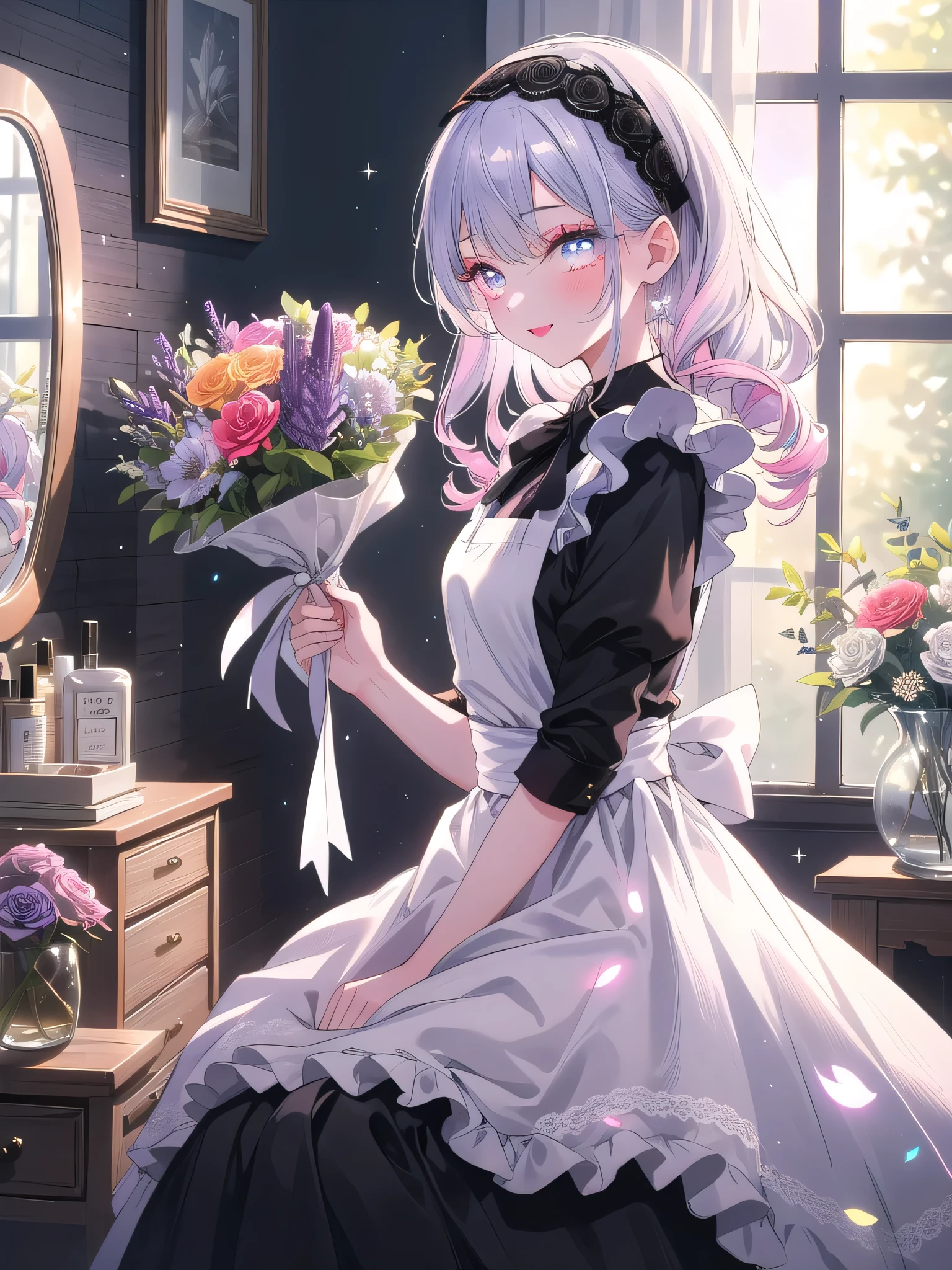 ((8k, Highest quality, masterpiece: 1.3)),Ultra-high resolution,(1 girl, alone), (Color changing eyes, Ultra-detailed, Expressive brilliance, Glitter, Glowing Eyes), Highly detailed eyes, Highly detailed face, Random Hair, ((pastel colour)),A joyful young woman with pastel lavender hair styled into loose curls, sitting at her vanity in her brightly lit bedroom during a late morning. She is dressed in a charming yet subtly y French maid cosplay, wearing a classic black and white dress with a frilled apron, and a small lace headband. The camera captures her from a side angle as she smiles while applying lipstick, her expression full of confidence and happiness. The room is filled with natural light, with a few makeup items neatly arranged on the vanity, a small bouquet of flowers, and a soft, elegant atmosphere creating a lively and inviting scene.