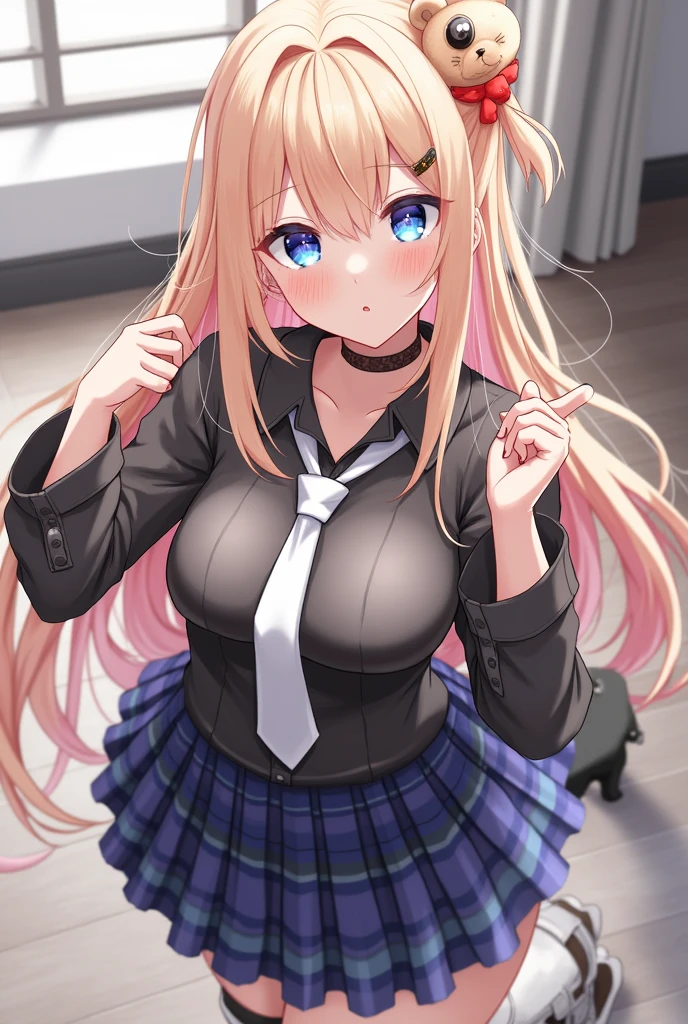 Best Quality, Realistic, Realistic, Award-Winning, (Intricate Details: 1.2), (Fine Details), (Intricate Details), (Cinematic Light, Best Quality Backlight), Clear Lines, Sharp Focus, Official Art, Unity 8k Wallpaper, Ridiculous, Incredibly Ridiculous, Fantasy Art, ,long hair, 1girl, hair ornament, solo, breasts, blue eyes, cleavage, bow, bear hair ornament, necktie, blonde hair, bangs, looking at viewer, collarbone, shirt, nail polish, red bow, black shirt, underwear, bra, skirt, choker, black bra, sleeves rolled up, white necktie, red nails, pleated skirt, blue skirt, medium breasts, miniskirt, shiny hair, pink hair, boots, plaid skirt,
