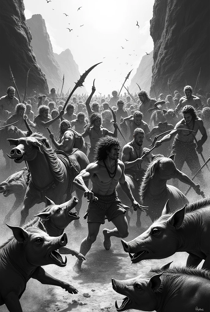 Battle between humans and animals (including pigs and horses)  black and white style 