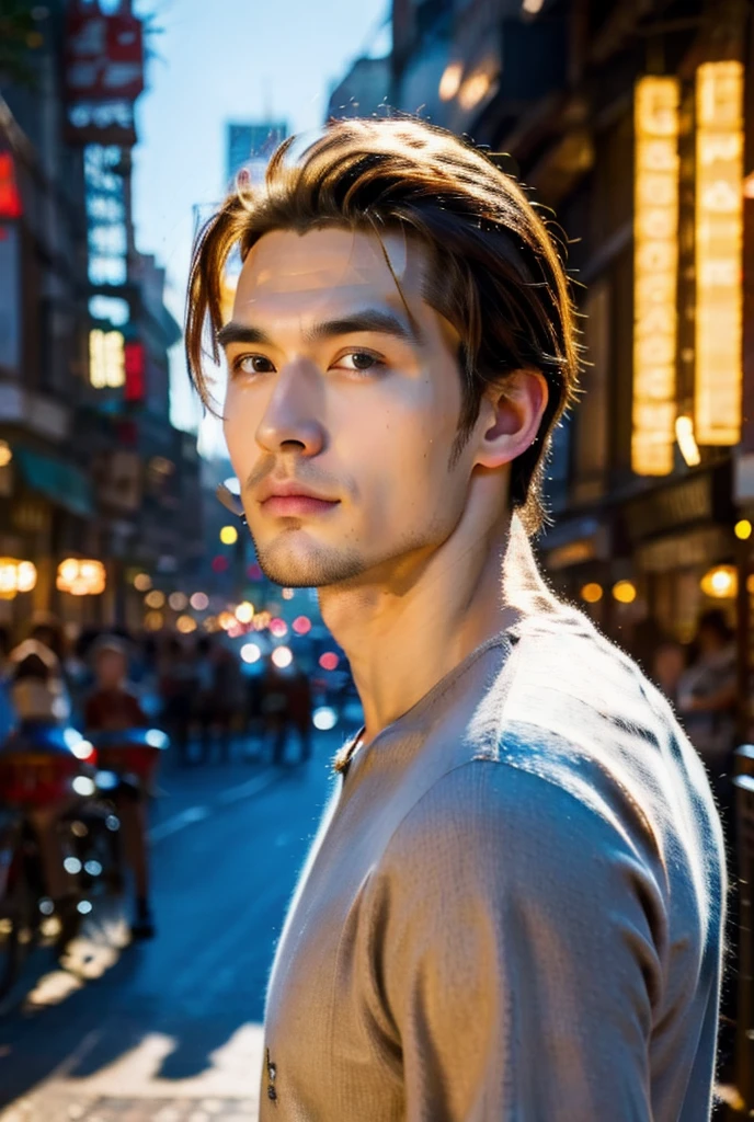 A muscular, handsome young man,Eyebrows are long, sharp and strong., very tall, A modern city setting that looks like New York City,4K , realistic man, Manliness. Long and angular face