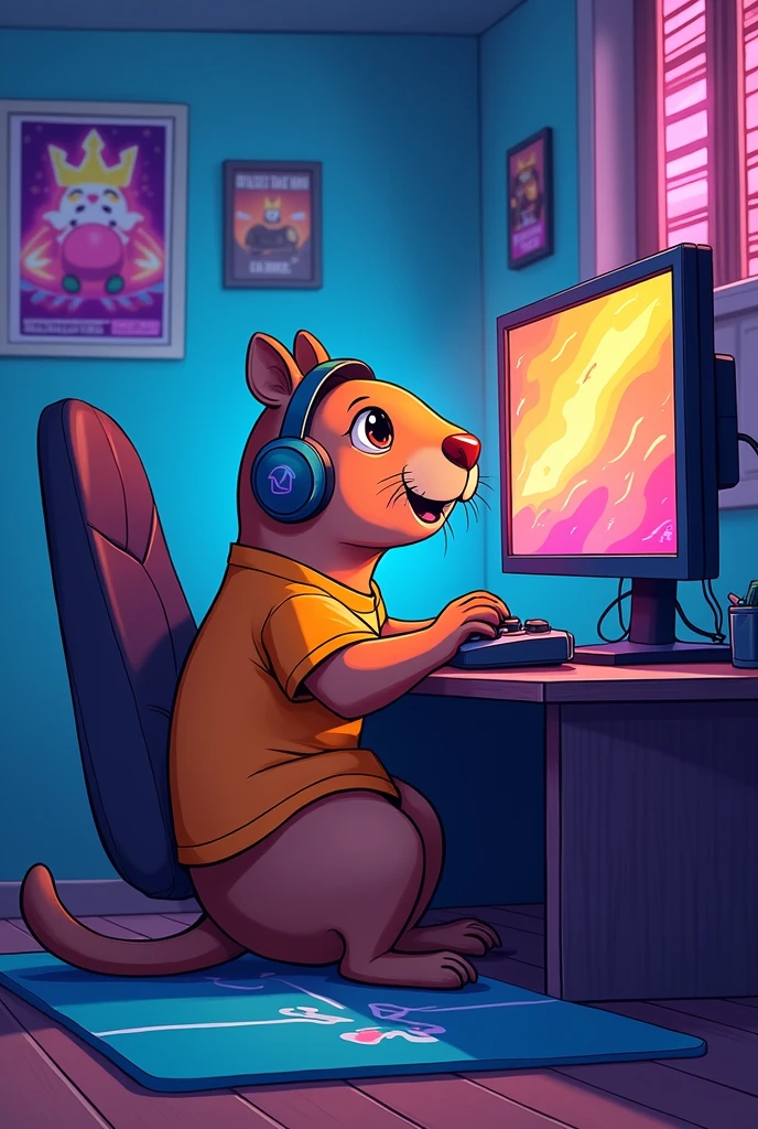 Draw a gamer capybara in cartoon style. The capybara must be dressed in a gaming t-shirt and a pair of modern headphones.. She must be sitting in front of a computer with a vibrant game screen and a controller in her hand.. Her expression should be animated and focused., showing that she is fully involved in the game. Add some fun details, like game posters on the walls and a game mat on the floor. Use bright colors and a style that conveys energy and fun..