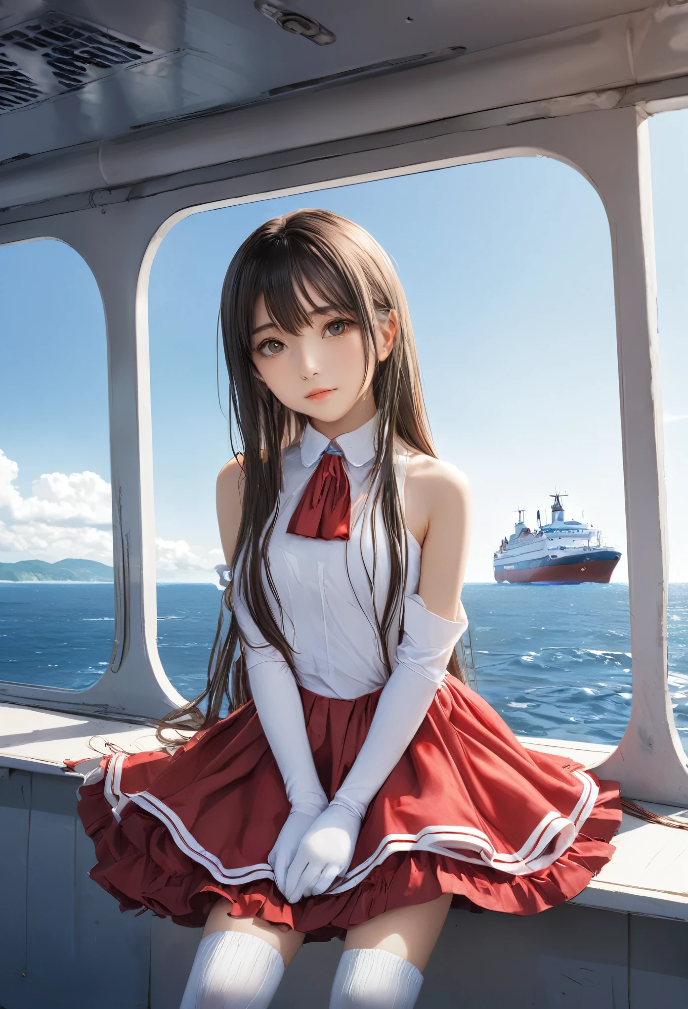 (masterpiece, Highest quality:1.2), one person&#39;s, alone,Bony body、5 years old、ferry, ((Long Hair)), ferryBase, ((Knee socks)), Exposing shoulders, ((jewelry)), ((No sleeve)), White Dress, Red Skirt, ((gloves)), Up to the thighs, 