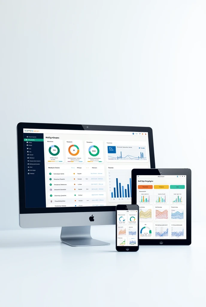 show a menu of an application being viewed through a smartphone, a computer and a tablet,  this app must contain search bar, and widgets with various pie charts and line charts 