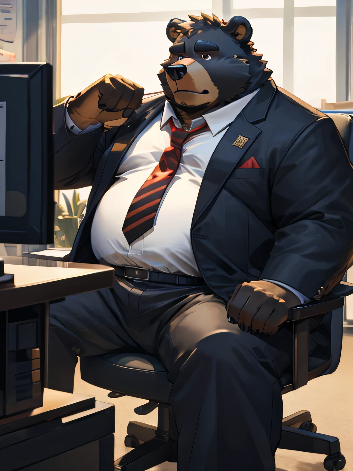 A fat black bear，Sitting in the office，Wear a white shirt and black trousers，Red tie，A look of impatience，Look at the screen，high quality，high-definition，high resolution，masterpiece，