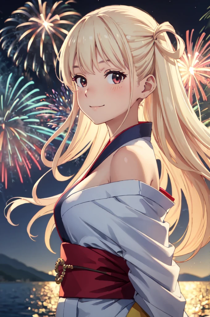 masterpiece, best quality, ultra detailed, highres, extremely detailed CG unity 8k wallpaper, perfect lighting, very detailed background, beautiful and aesthetic,sharp focus, perfect face, dynamic pose, dynamic angle,
1girl, upper body, (portrait:1.1), multicolored yukata, kanzashi, looking at viewer, full-face blush, from side, from below, smile,
night, dark sky, misty lake, mountainous horizon, BREAK,aerial fireworks, (Full of sky fireworks:1.2),
Shoulder Bare、Off the shoulder、Blonde