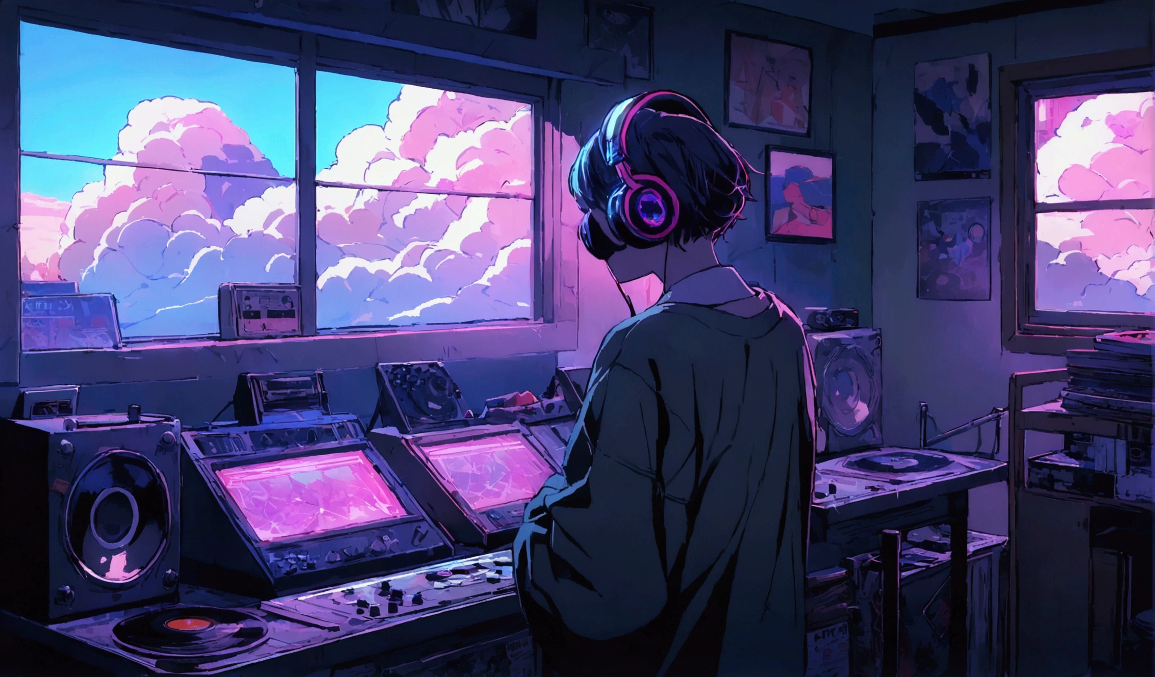 1 person,Photo of a man wearing headphones and listening to music, Gamer, Very detailedな, Cool guy,Vintage Wave, cyber punk, relax, Light coming through the window, nightの風景, One Bedroom, 2D, (Shot from a distance), Wide Shot, (Movie noise), 古いcomics, (Many records: 1.3), vinyl record store, (masterpiece, Very high quality, Very high quality, Official Art, beautifully、beautiful: 1.2), (Very detailed, (Fractal Art: 1.4 ), guitar, (Note: 1.4), (Lo-fi hip hop), Side view, Old Anime Texture, alone, speaker, cyber punk, vinyl, night,Exquisite facial details,game machine,comics,Vintage Wave,