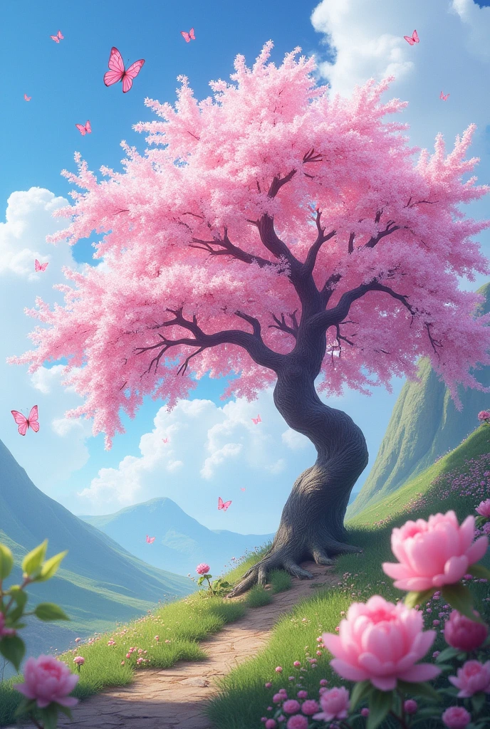 realistic image of a landscape with a cherry blossom tree with a blue background and pink butterflies