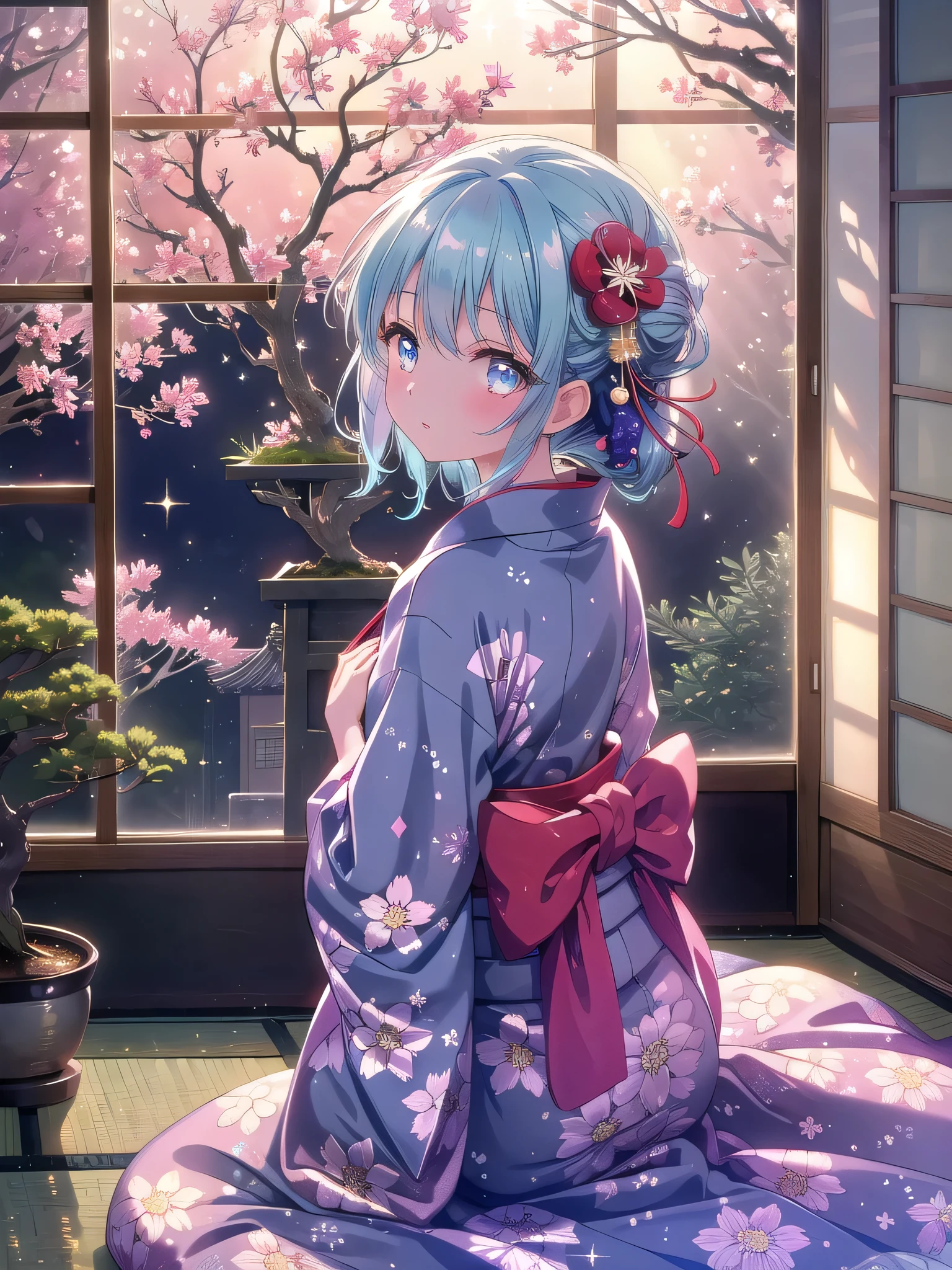 ((8k, Highest quality, masterpiece: 1.3)),Ultra-high resolution,(1 girl, alone), (Color changing eyes, Ultra-detailed, Expressive brilliance, Glitter, Glowing Eyes), Highly detailed eyes, Highly detailed face, Random Hair, ((pastel colour)),A shy young woman with pastel blue hair styled into soft waves, standing near her window in her softly lit bedroom during a peaceful morning. She is dressed in a modest yet sensual traditional Japanese yukata, with a delicate floral pattern and an obi tied neatly at her waist. The camera captures her from a back angle as she gazes out the window, her expression peaceful and contemplative. The room is softly lit by the morning sun, with a simple futon laid out on the floor, a small bonsai tree on the windowsill, and a few traditional decorations, creating an atmosphere of serene beauty and understated charm.