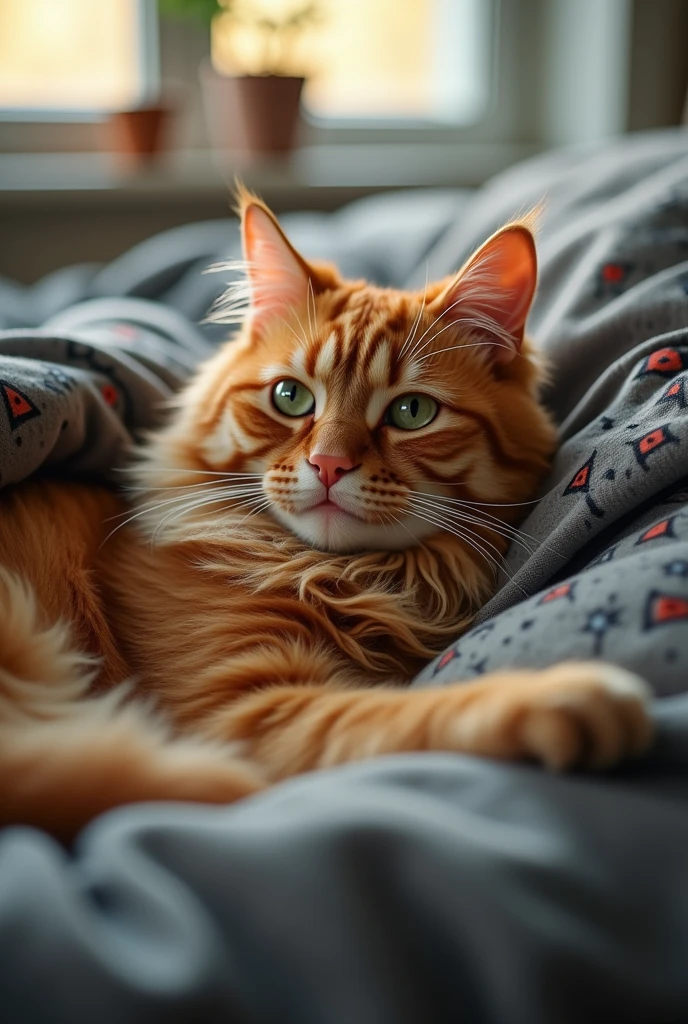 My cat Yours, He has long orange hair just like his tail., She is lying in bed on top of a grey duvet with black and red squares with some folds on it, a soft light falls on it coming through the window, Sua has green eyes 