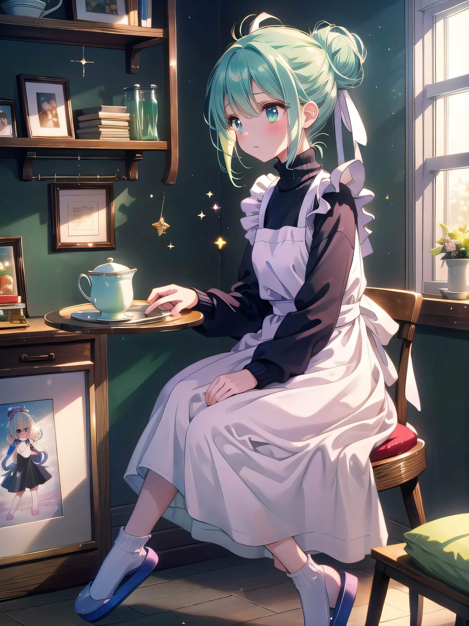 ((8k, Highest quality, masterpiece: 1.3)),Ultra-high resolution,(1 girl, alone), (Color changing eyes, Ultra-detailed, Expressive brilliance, Glitter, Glowing Eyes), Highly detailed eyes, Highly detailed face, Random Hair, ((pastel colour)),A shy young woman with pastel mint-green hair styled into a neat bun, sitting at her desk in her cozy bedroom during a quiet evening. She is dressed in a modest yet subtly flirtatious housewife cosplay, wearing a knee-length apron dress with a soft sweater underneath, and a pair of simple slippers. The camera captures her from a side angle as she prepares a small tray with tea and cookies, her expression thoughtful and caring. The room is softly lit by a warm overhead light, with a small kitchen area, a few framed pictures on the wall, and a well-used cookbook on the counter, creating an atmosphere of homely comfort and gentle allure.