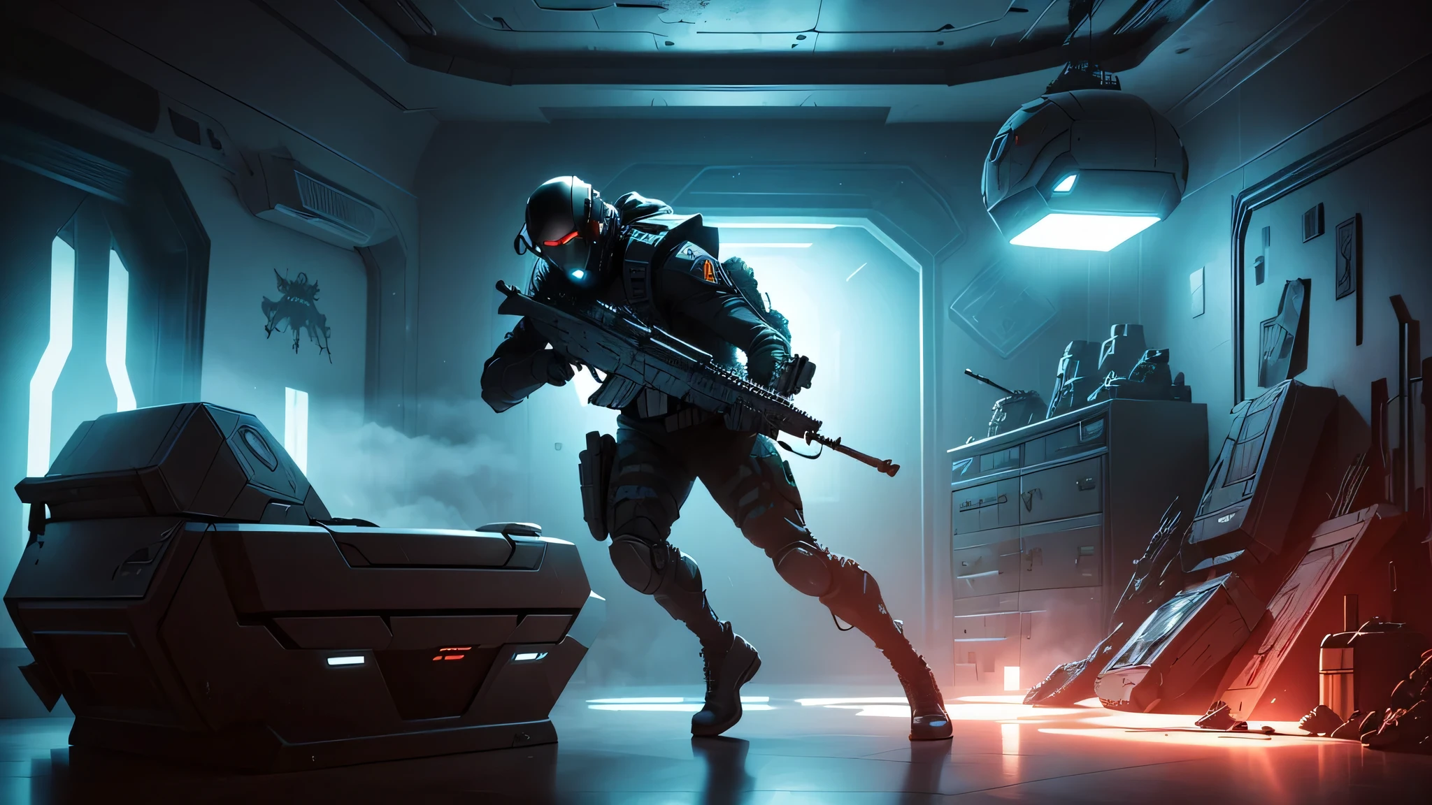 "Create a highly engaging and dramatic movie thumbnail showing a soldier trapped in a bizarre, physics-defying room. The room should have distorted walls, floating objects, and mysterious alien symbols glowing with eerie light. The soldier, visibly shocked, should be holding a weapon, with a war-torn battlefield in the background. Include alien spaceships, explosions, and futuristic military vehicles to emphasize the chaos. Use a dark, intense color palette with neon highlights, and add the text 'UNREAL: Soldier Trapped in a Room That Defies the Laws of Physics!' in bold, eye-catching font."