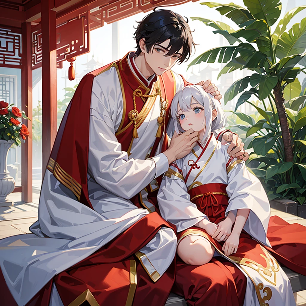 a handsome young man with a good face and a gentle face, wearing a white ancient Chinese costume, sitting on a chair, hugging his little sister old, who is 1 yearblack hair, in a red Chinese new year costume, in the morning, there is sunlight shining in the front yard garden.