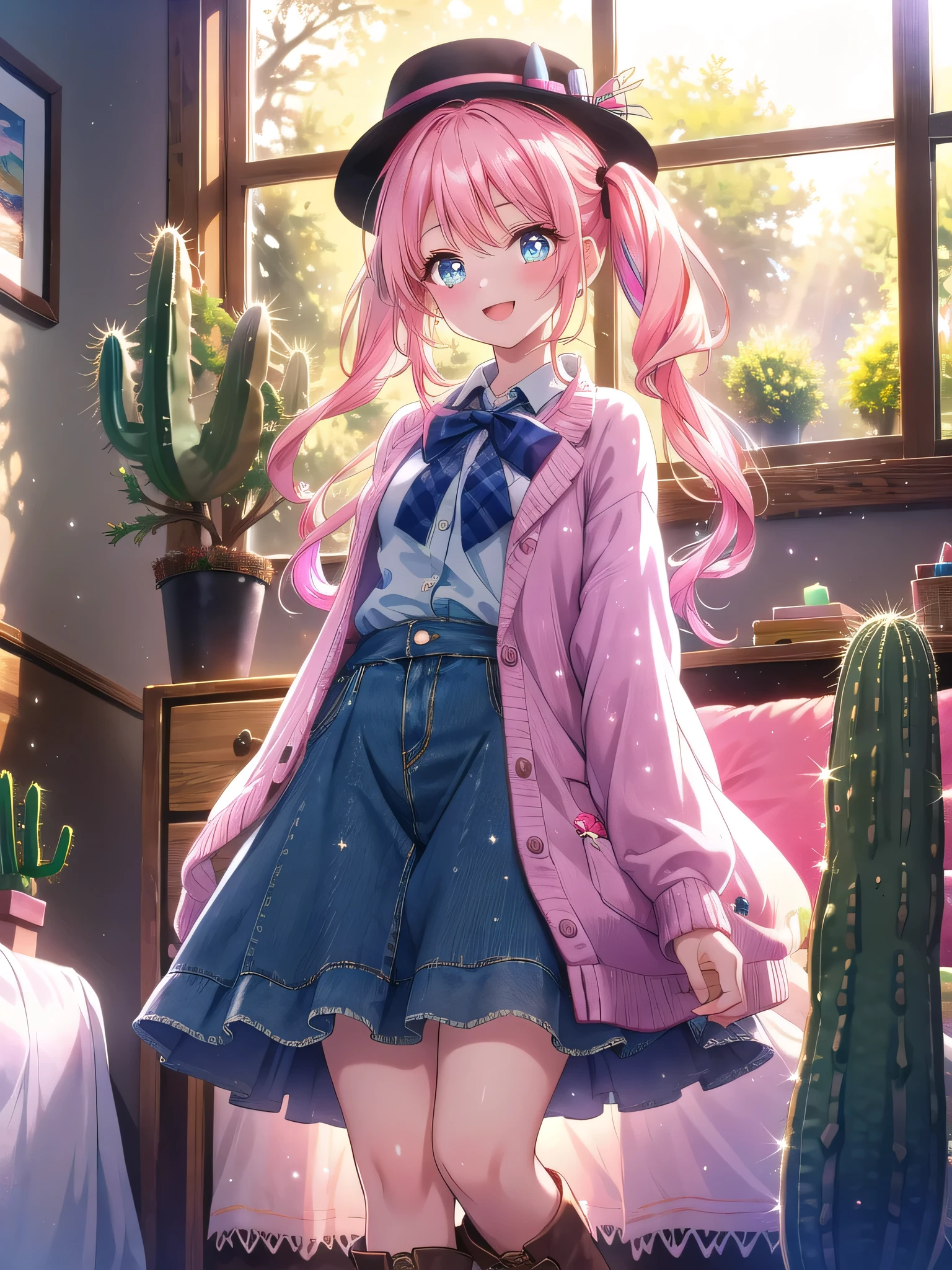 ((8k, Highest quality, masterpiece: 1.3)),Ultra-high resolution,(1 girl, alone), (Color changing eyes, Ultra-detailed, Expressive brilliance, Glitter, Glowing Eyes), Highly detailed eyes, Highly detailed face, Random Hair, ((pastel colour)),A cheerful young woman with pastel pink hair styled into loose pigtails, standing by her bed in her brightly lit bedroom during a sunny morning. She is dressed in a playful and subtly sexy cowgirl cosplay, wearing a short denim skirt, a checkered tied-up shirt, and a pair of cowboy boots. The camera captures her from a slightly low angle as she tips her hat with a wide, bright smile, her expression radiating joy and excitement. The room is bathed in natural sunlight, with a few playful decorations like a toy horse, a small cactus, and a woven rug, creating a fun and lively atmosphere.