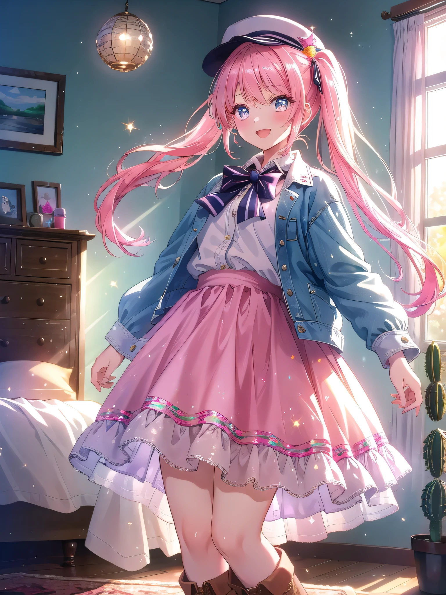 ((8k, Highest quality, masterpiece: 1.3)),Ultra-high resolution,(1 girl, alone), (Color changing eyes, Ultra-detailed, Expressive brilliance, Glitter, Glowing Eyes), Highly detailed eyes, Highly detailed face, Random Hair, ((pastel colour)),A cheerful young woman with pastel pink hair styled into loose pigtails, standing by her bed in her brightly lit bedroom during a sunny morning. She is dressed in a playful and subtly sexy cowgirl cosplay, wearing a short denim skirt, a checkered tied-up shirt, and a pair of cowboy boots. The camera captures her from a slightly low angle as she tips her hat with a wide, bright smile, her expression radiating joy and excitement. The room is bathed in natural sunlight, with a few playful decorations like a toy horse, a small cactus, and a woven rug, creating a fun and lively atmosphere.