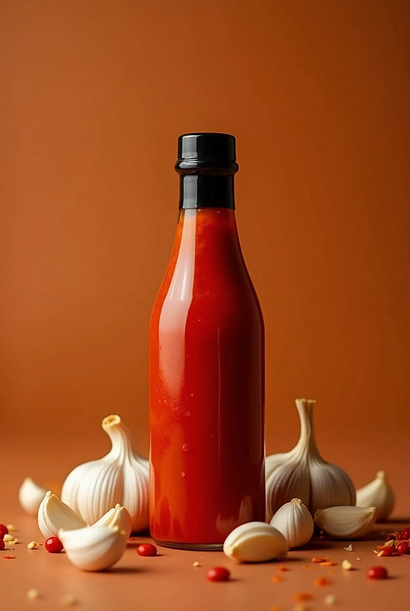 a commercial photo of a hot sauce , in the background a brown background with some foods and garlic and the sauce bottle in the middle