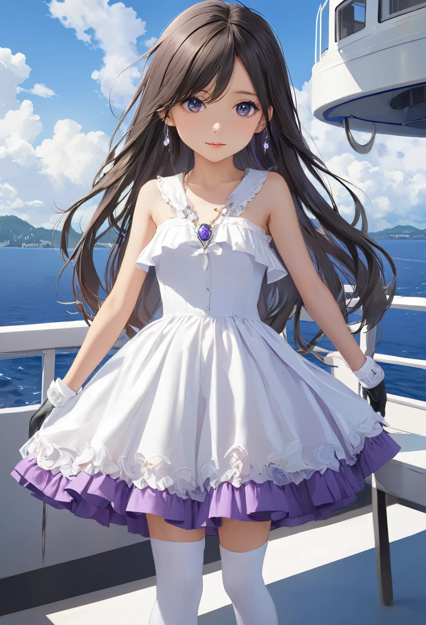 (masterpiece, Highest quality:1.2), one person&#39;s, alone,Bony body、5 years old、ferry, ((Long Hair)), ferryBase, ((Knee socks)), Exposing shoulders, ((jewelry)), ((No sleeve)), White Dress, Purple Skirt, ((gloves)), Up to the thighs, 