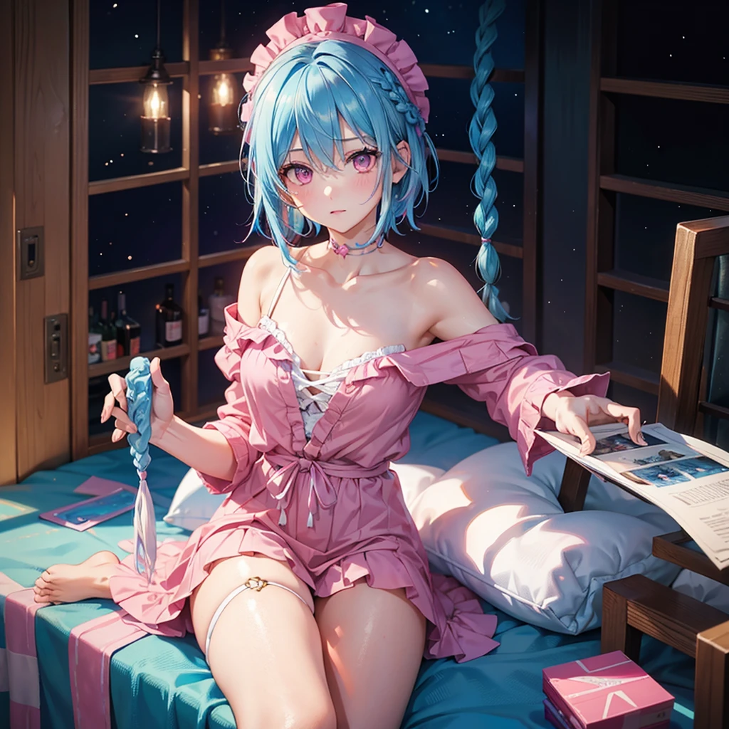 (Sky blue hair),(Braided short hair), (Pink Eyes),Fair skin) ,(whole body),(one person's),(Gift boxes filling the background),(Santa Claus clothes),(Cute smile),Santa Claus hat,(Christmas Party),(masterpiece, Highest quality, Very detailed, Best Shadow), (Detailed Background), (Beautifully detailed face), High Contrast, (Best lighting, Very delicate and beautiful), ((Cinematic Light)), Hyper Detail,8k, Dramatic Light, Intricate details,(Christmas tree)