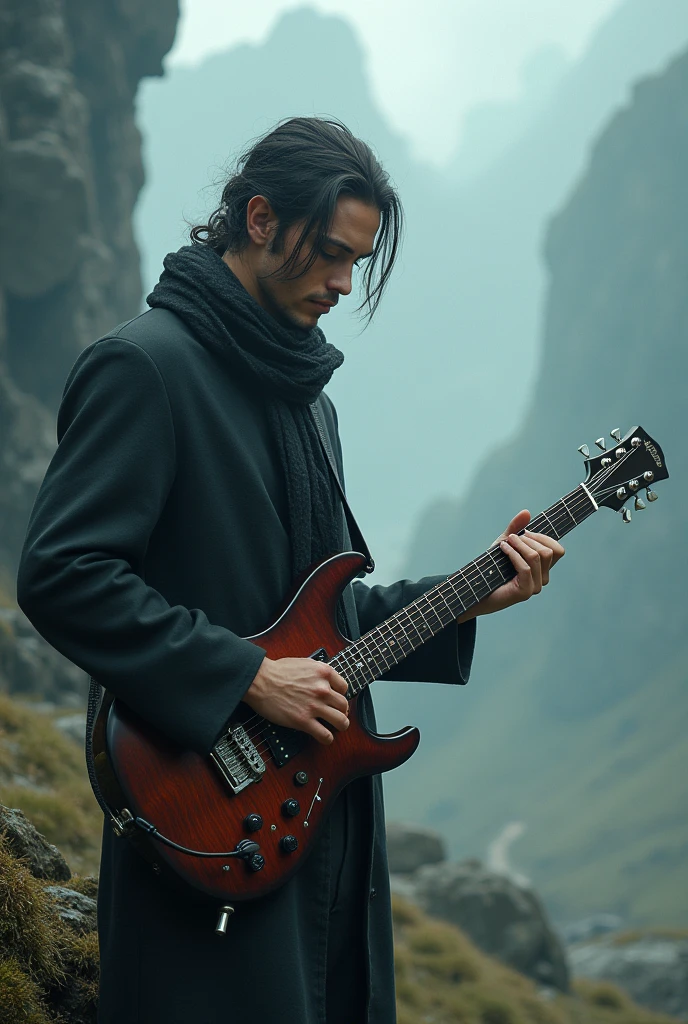 A neutral-looking man playing an electric guitar.,The background is Battalgius