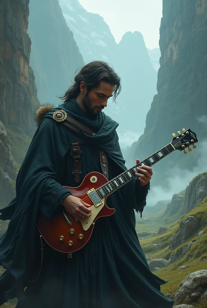 A neutral-looking man playing an electric guitar.,The background is Battalgius