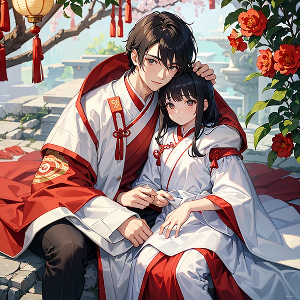 a handsome young man with a good face and a gentle face, wearing a white ancient Chinese costume, sitting on a chair, hugging his little sister 1 year old, who is 1 year old, black hair, in a red Chinese new year costume, in the morning, there is sunlight shining in the front yard garden.