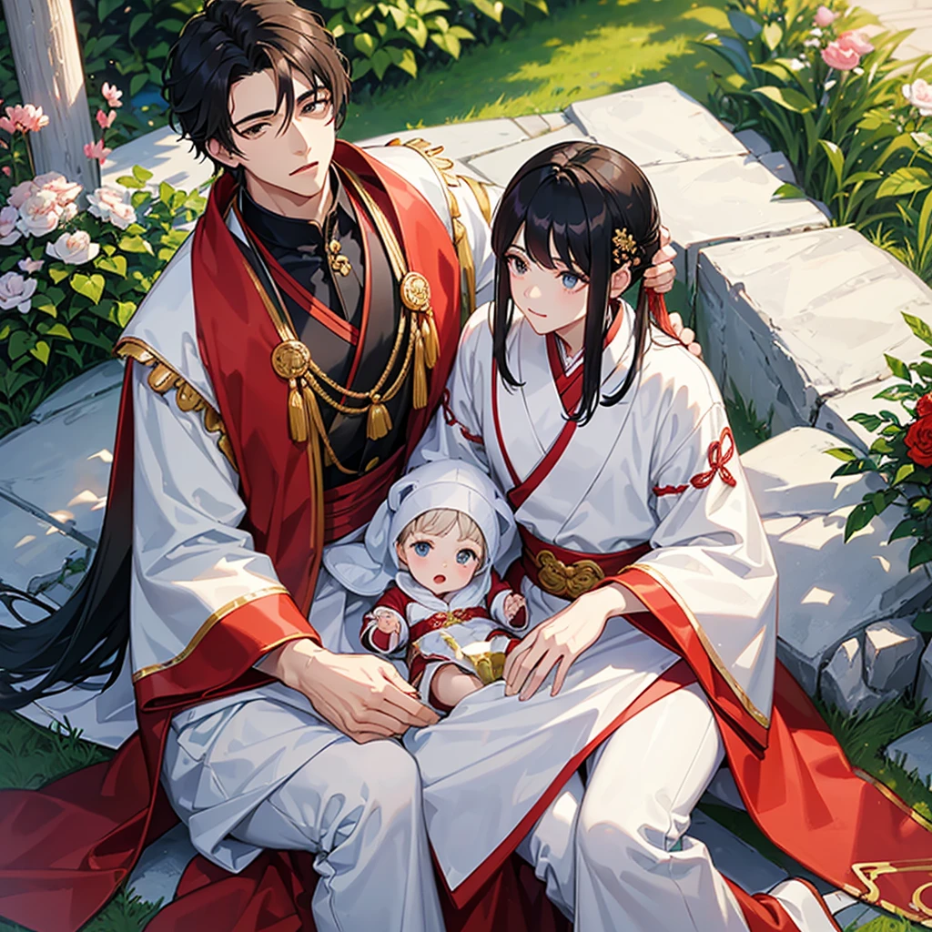 a handsome young man with a good face and a gentle face, wearing a white ancient Chinese costume, sitting on a chair, hugging his little sister 1 year old, who is 1 year old, black hair, in a red Chinese new year costume, in the morning, there is sunlight shining in the front yard garden.