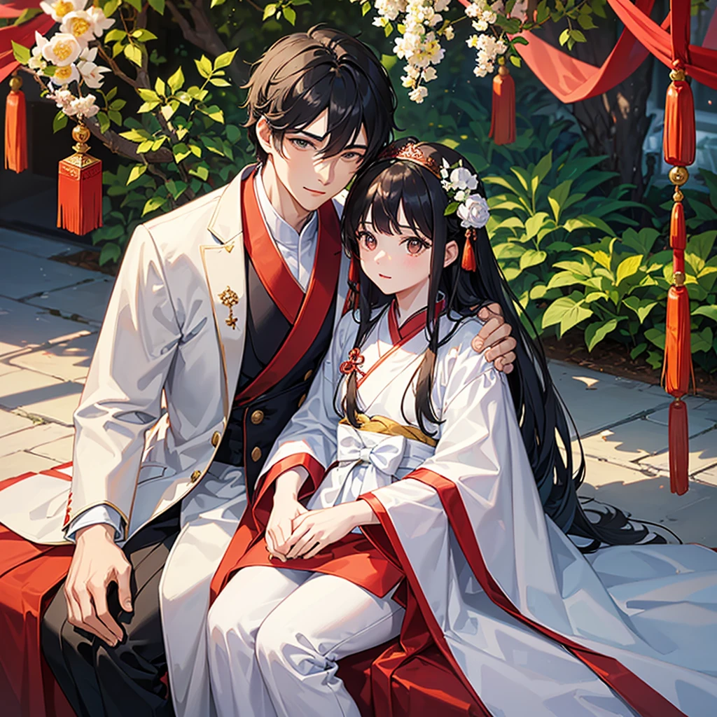 a handsome young man with a good face and a gentle face, wearing a white ancient Chinese costume, sitting on a chair, hugging his little sister 1 year old, who is 1 year old, black hair, in a red Chinese new year costume, in the morning, there is sunlight shining in the front yard garden.