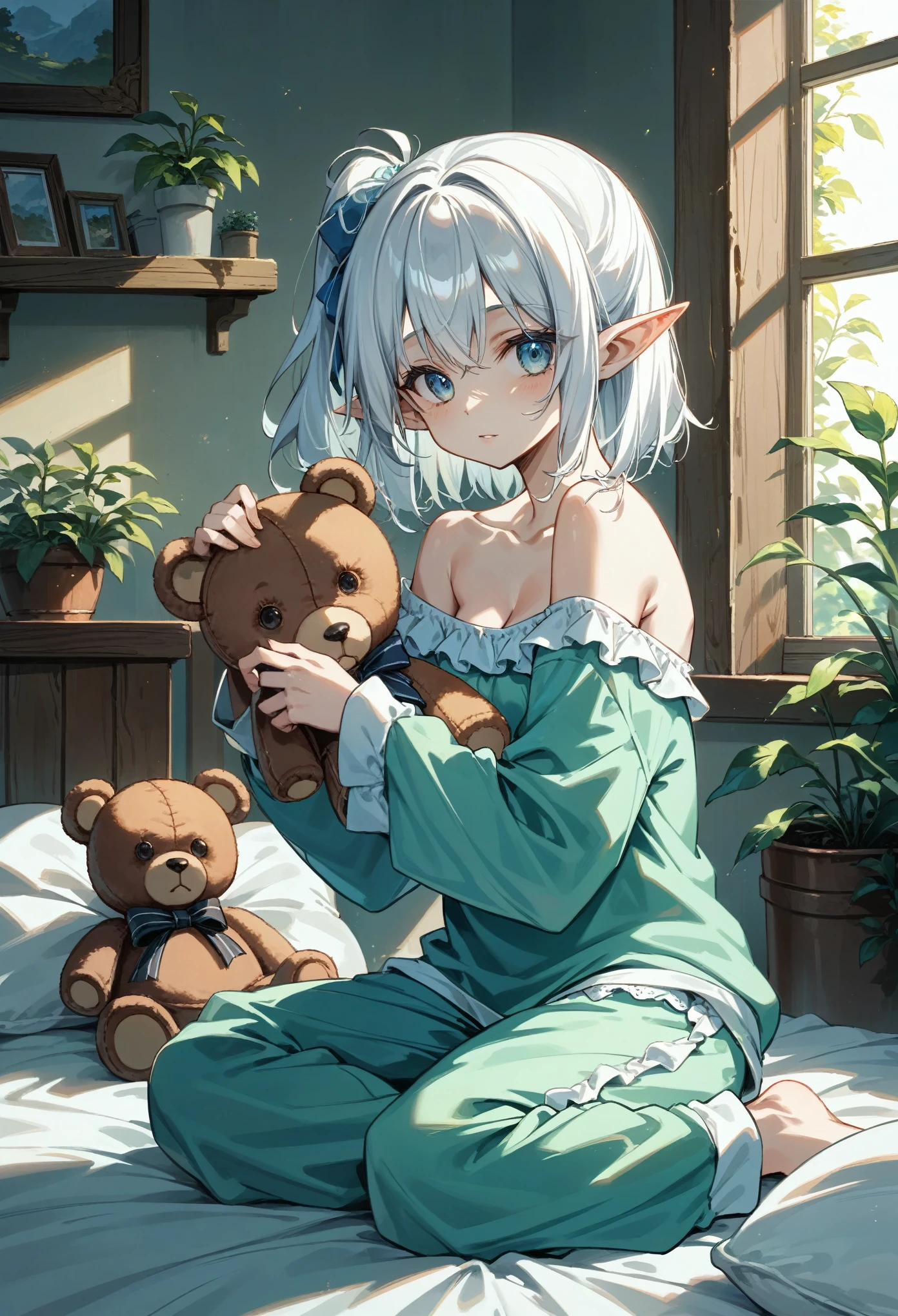 (mastepiece:1.2), detailed fingers, beautiful woman, sitting on bed, wearing loose off-shoulder top, pajama pants, white hair, side ponytail, indoors, soft lighting, plants in background, window with sunlight, cozy room, relaxed pose, intricate details, warm colors, pointy ears, elf, Holding a stuffed teddy bear, 