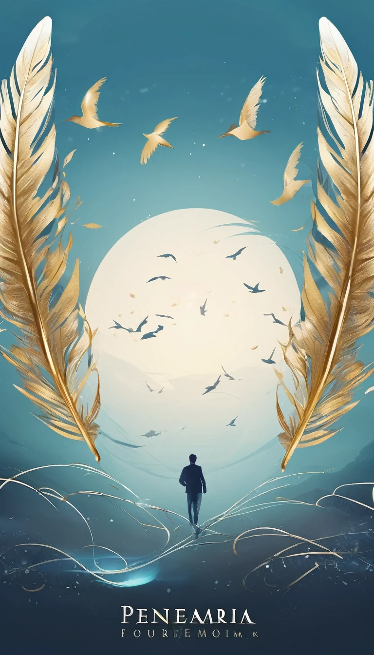 Create a professional, fantastic, cinematic dream-like logo design for a brand about music, stories, fantasy, memories and dreams called " Penamemoria". Masterpiece, 4k, sharp focus, highest quality,wide shot. The title is " Penamemoria". Is a brand about the creative, unique creative journey of a boy and a feather of memories. Minimalistic, simple, poetic, dreamy logo design at the center of the image. The Background image is a world full of feathers, unique birds, light blue sky, soft white and golden. Logo design of a unique, creative, masterpiece feather of memories