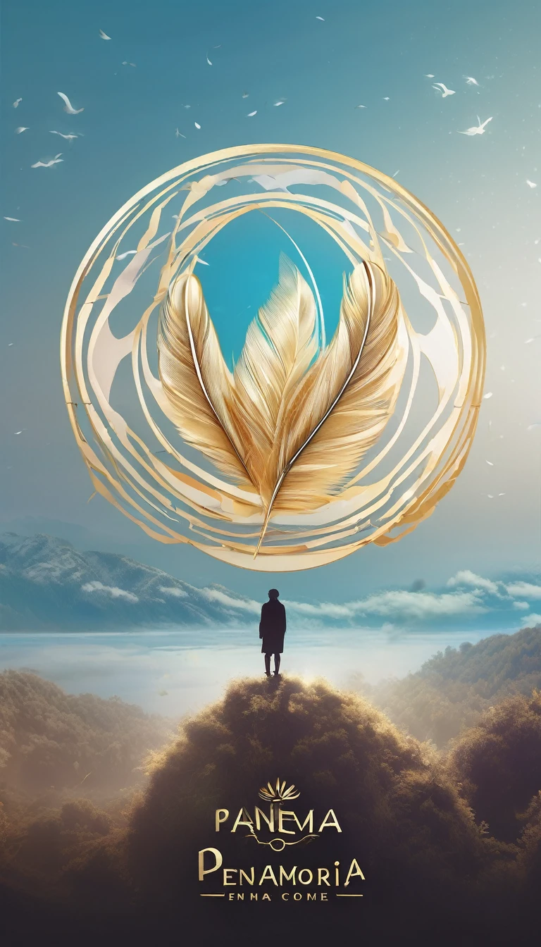 Create a professional, fantastic, cinematic dream-like logo design for a brand about music, stories, fantasy, memories and dreams called " Penamemoria". Masterpiece, 4k, sharp focus, highest quality,wide shot. The title is " Penamemoria". Is a brand about the creative, unique creative journey of a boy and a feather of memories. Minimalistic, simple, poetic, dreamy logo design at the center of the image. The Background image is a world full of feathers, unique birds, light blue sky, soft white and golden. Logo design of a unique, creative, masterpiece feather of memories