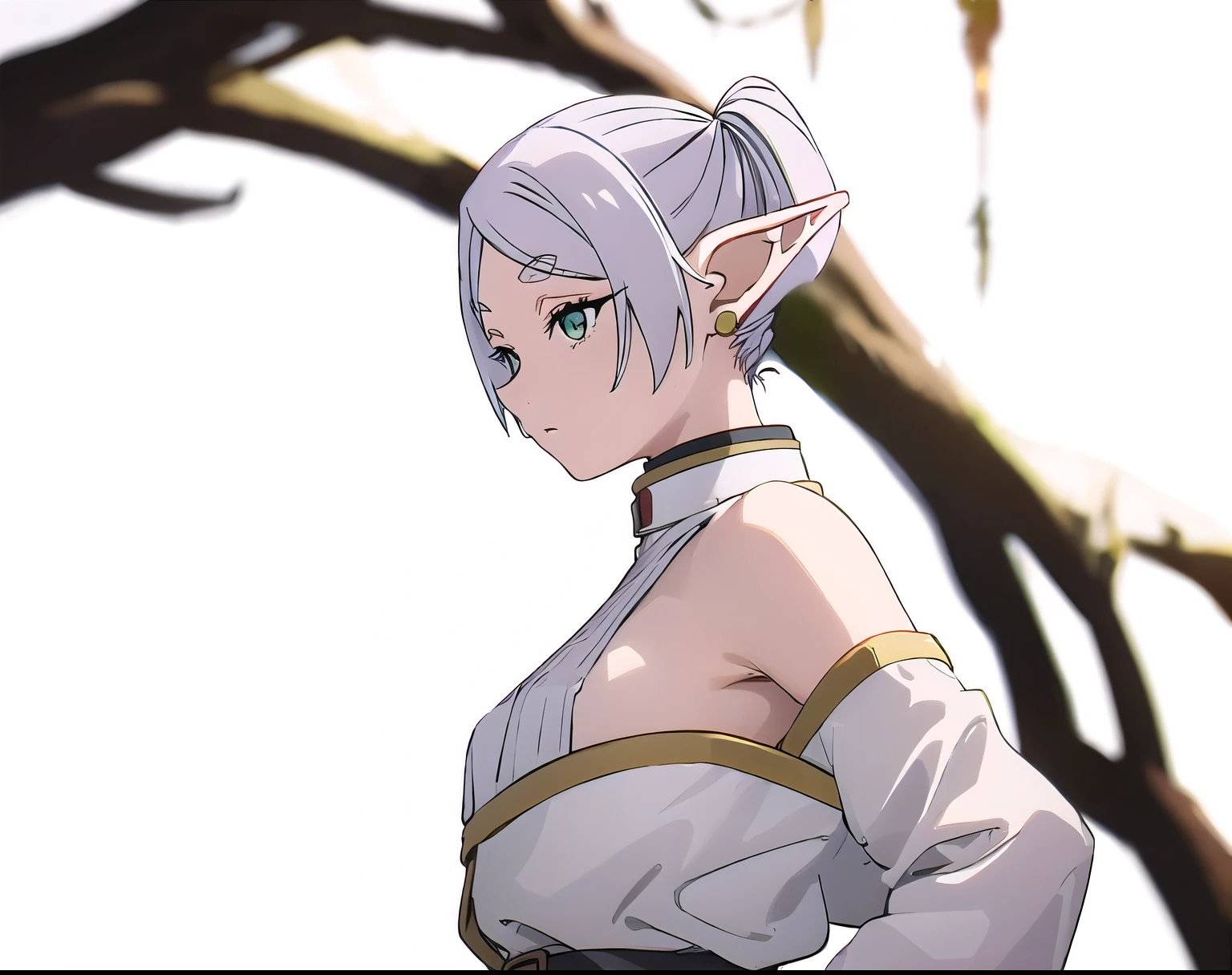 masterpiece, best quality, (illustration), close-up, solo, sexy, Frieren, pointy ears, twintails, green eyes, elf, long hair, white hair, thick eyebrows, parted bangs, breasts, standing
