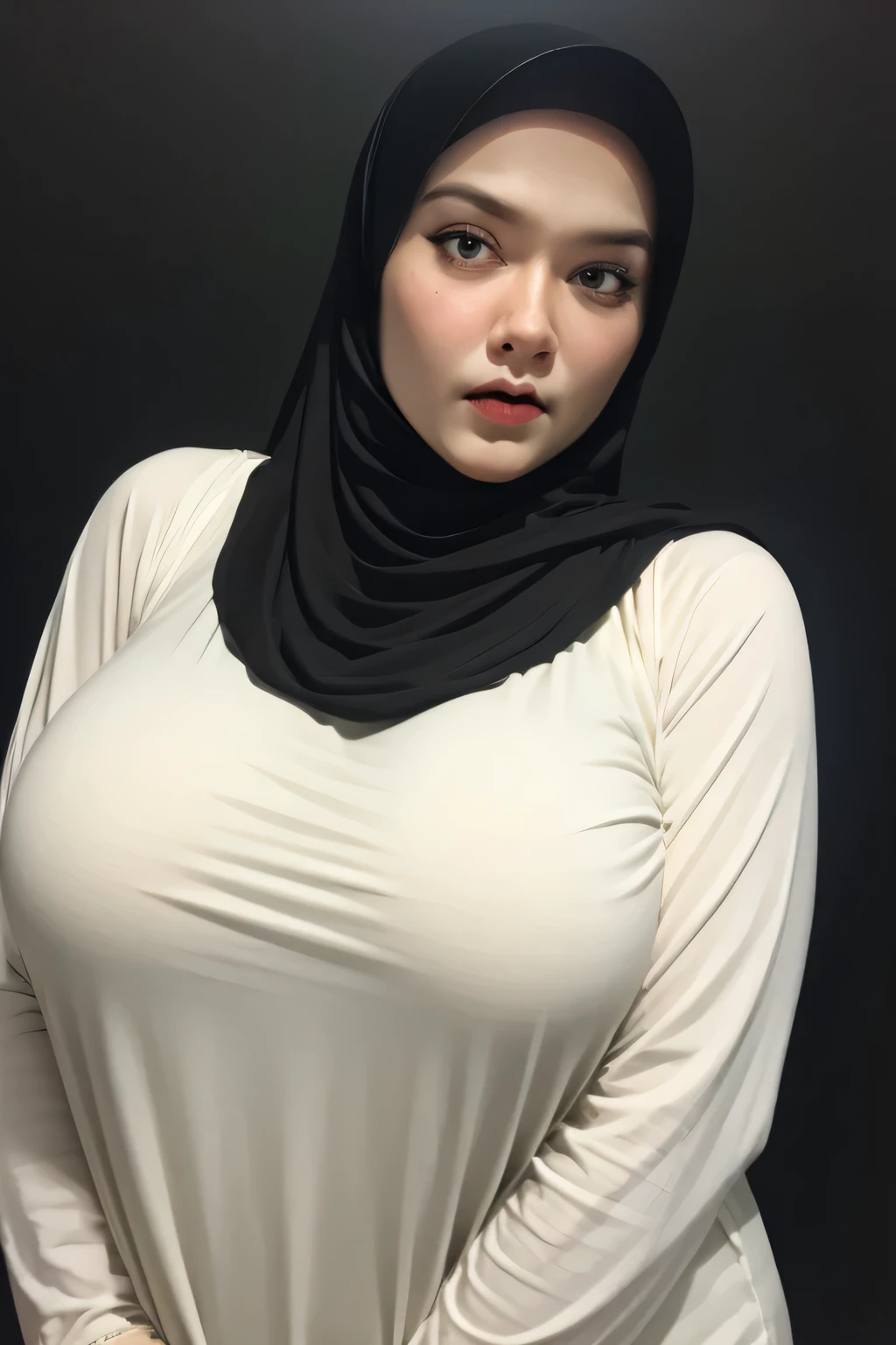 (((Jilbab))), ((GOTHIC GOTH GIRL BLACK LIPS)), Jumbo (Singlet), Chubby adorable, 1 girl, (face to face), , baby face, a face expression, half body portrait, (face details: 1), (eye details: 1), ((big breasts)). wearing transparent transparency soft long shirt, .. Cute posed. proportional body. Ultra High Res. realistic: 1.4, UHD, ((Python pattern)), ((Bigger:2.4)), (((DARK BACKGROUND)))