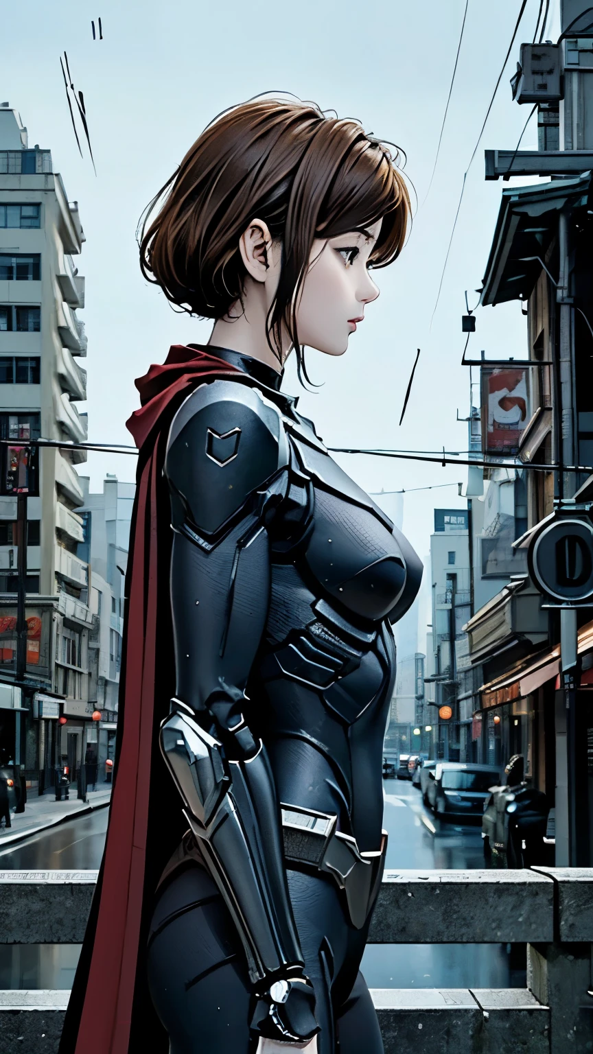 Batman、woman、22 years old、woman体型、profile、Moderate bust、Upper Body、blonde、Mechanical Suit、Highest quality、Masterpiece、scenery、City、rain。