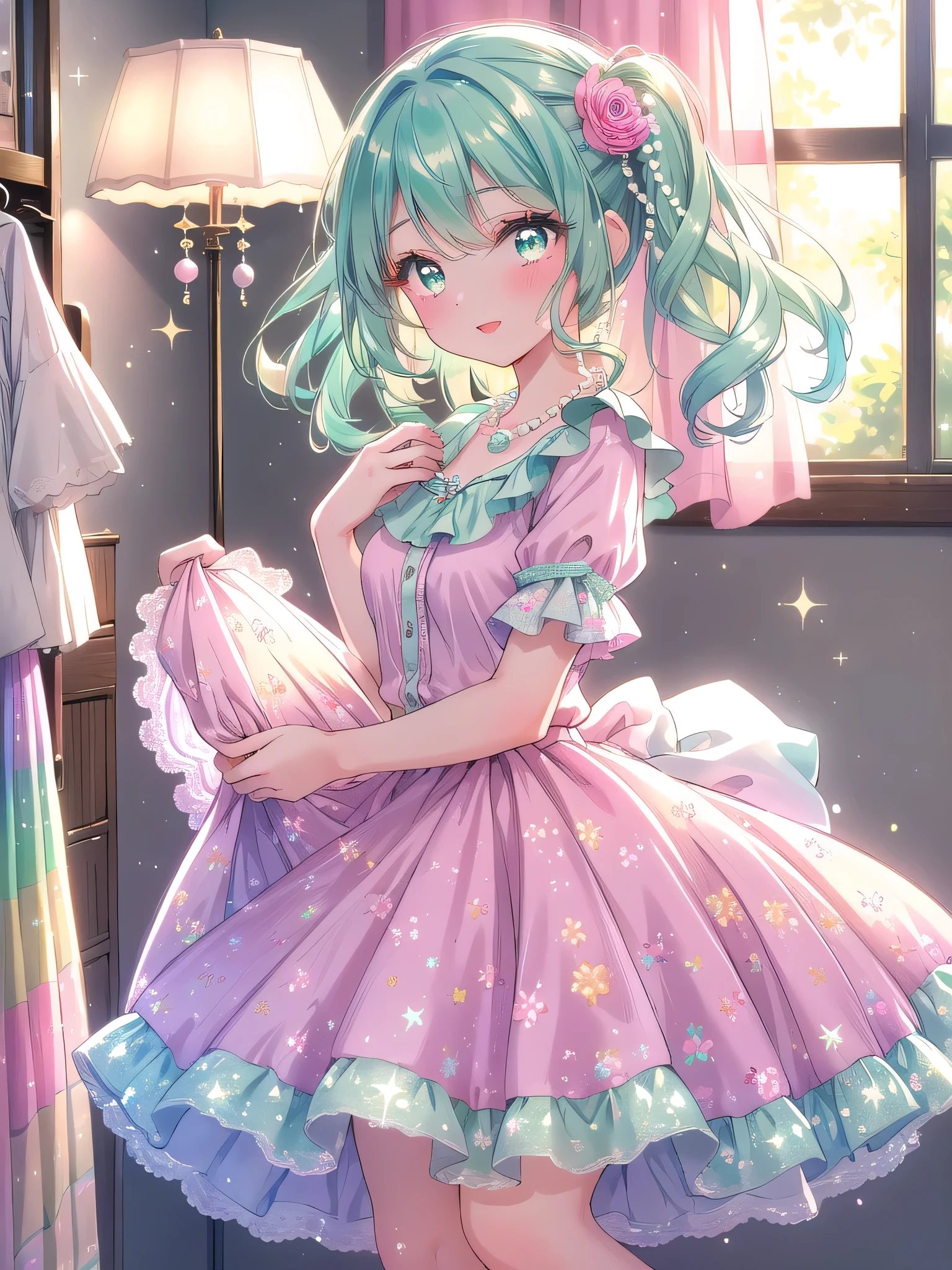 ((8k, Highest quality, masterpiece: 1.3)),Ultra-high resolution,(1 girl, alone), (Color changing eyes, Ultra-detailed, Expressive brilliance, Glitter, Glowing Eyes), Highly detailed eyes, Highly detailed face, Random Hair, ((pastel colour)),A joyful young woman with pastel mint-green hair styled into bouncy curls, standing by her closet in her softly lit bedroom during a bright afternoon. She is dressed in a cute yet subtly sexy 1950s housewife cosplay, wearing a knee-length floral dress with a fitted waist and a simple pearl necklace. The camera captures her from a side angle as she cheerfully picks out an outfit, her expression lively and content. The room is filled with warm, natural light, with neatly organized clothes, a small vanity with various cosmetics, and a cheerful, pastel color scheme creating an inviting and vibrant atmosphere.

