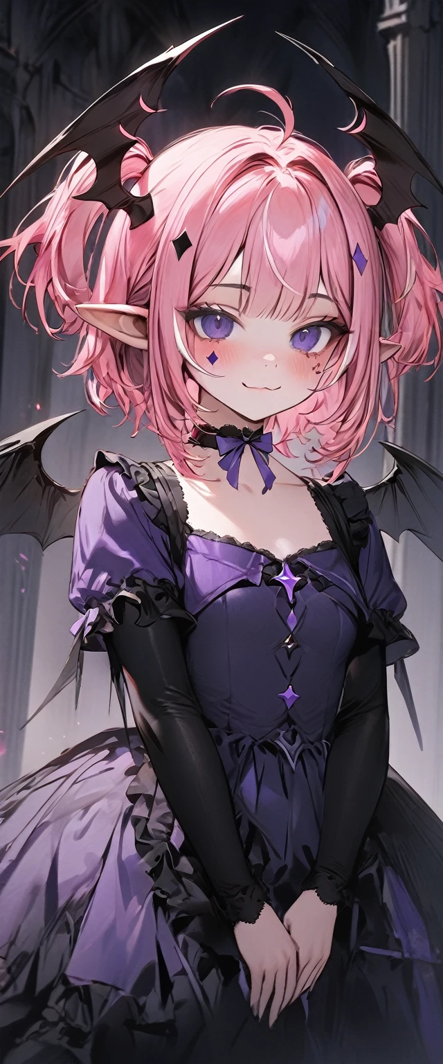 UHD, masterpiece, best quality, extremely detailed, anatomically correct, sharp focus, Midnight, gloomy atmosphere, Church, altar isle, 1girl, solo, camilavtuber, pink hair, short hair, shoulder length hair, (black head wings:1.2), (twin ponytail), PURPLE EYES, PURPLEIRIS, (facial mark), small mouth, closed mouth, smiling, crucifix choker, black arm sleeves, slim arms, black gloves, small chest, 1 devil wing, single wing, ((dark purple gown)), frilly gown, slim legs, black stockings, (black high heels), (full body) , (close-up), innocent pose, eye-level shot, front view, innocent pose, scattered pink petals