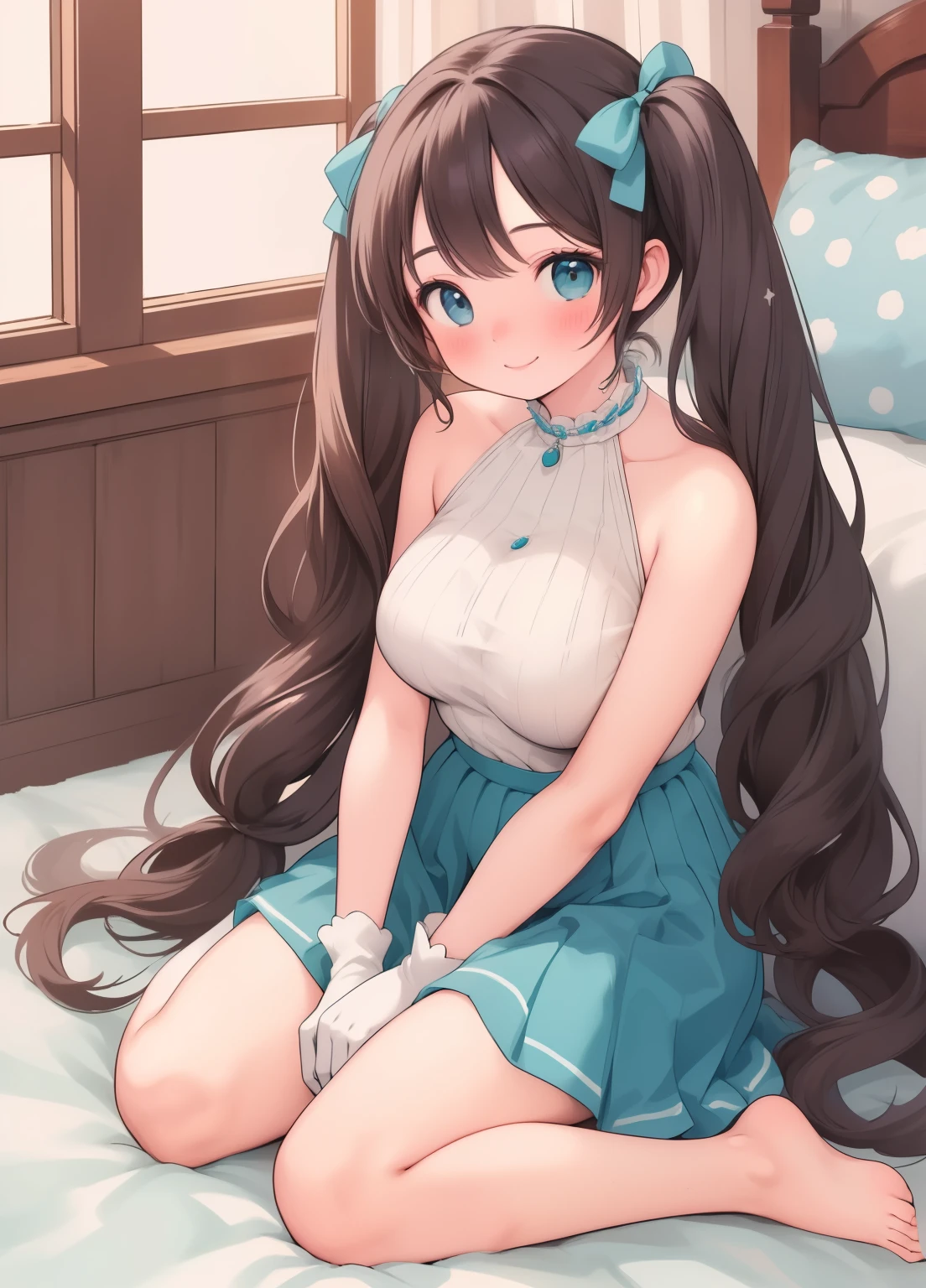 (masterpiece、Highest quality、Highest quality、Official Art、Beautiful and beautiful:1.2)、(One person:1.3)Hatsune Miku、Twin tails,Beautiful breasts, Katsushika Hokusai,Highest quality, Tabletop, One person少女, alone, ferry, Long Hair, ferry基地, Thighs Thighs Thighs Thighs, Exposing shoulders, jewelry, No sleeve, White Dress, Blue Skirt, gloves, bedルーム, bed, Wooden floor, Sitting, sitting on a bed, Put your hands on your feet, smile, Soft lighting, whole body, Wide Hips, Big Breasts、Chubby