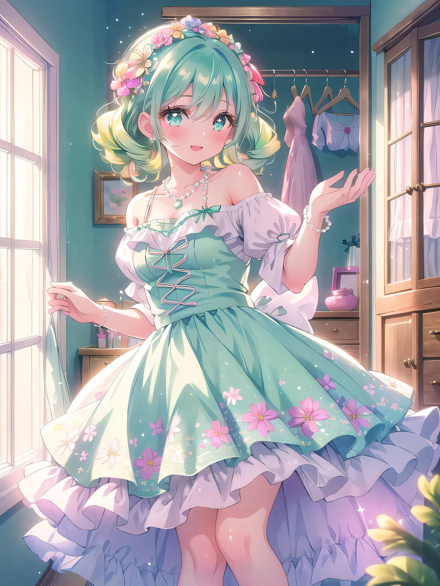 ((8k, Highest quality, masterpiece: 1.3)),Ultra-high resolution,(1 girl, alone), (Color changing eyes, Ultra-detailed, Expressive brilliance, Glitter, Glowing Eyes), Highly detailed eyes, Highly detailed face, Random Hair, ((pastel colour)),A joyful young woman with pastel mint-green hair styled into bouncy curls, standing by her closet in her softly lit bedroom during a bright afternoon. She is dressed in a cute yet subtly sexy 1950s housewife cosplay, wearing a knee-length floral dress with a fitted waist and a simple pearl necklace. The camera captures her from a side angle as she cheerfully picks out an outfit, her expression lively and content. The room is filled with warm, natural light, with neatly organized clothes, a small vanity with various cosmetics, and a cheerful, pastel color scheme creating an inviting and vibrant atmosphere.