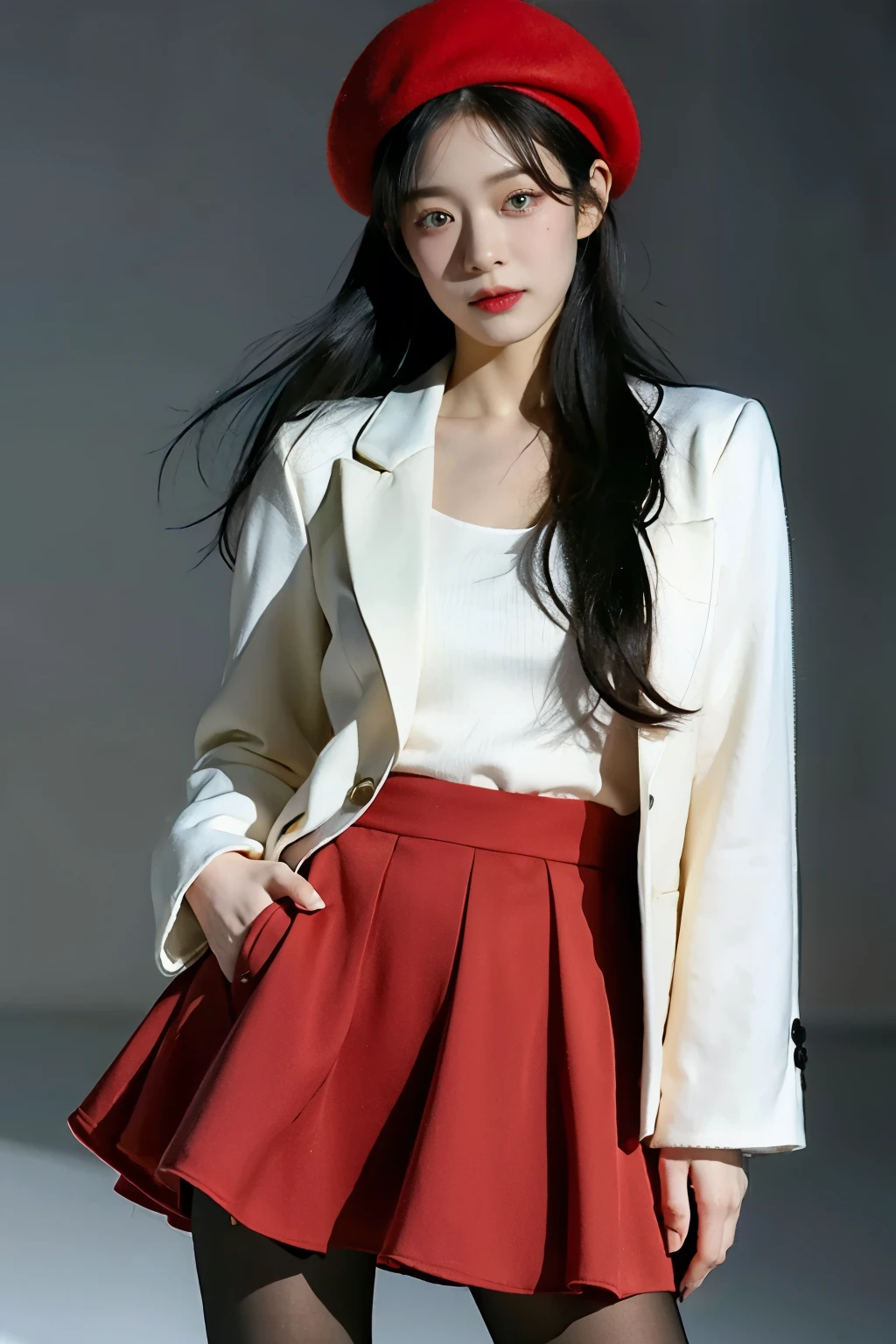 1Girl, Masterpiece, Best Quality, highs quality, Olga_animals, white_heads, ashy_eyes, Long hair, Hair between eyes, Long sleeves, blazer, (Red Beret), one-piece, skirt, Pantyhose, Very long hair, cowboy shots,