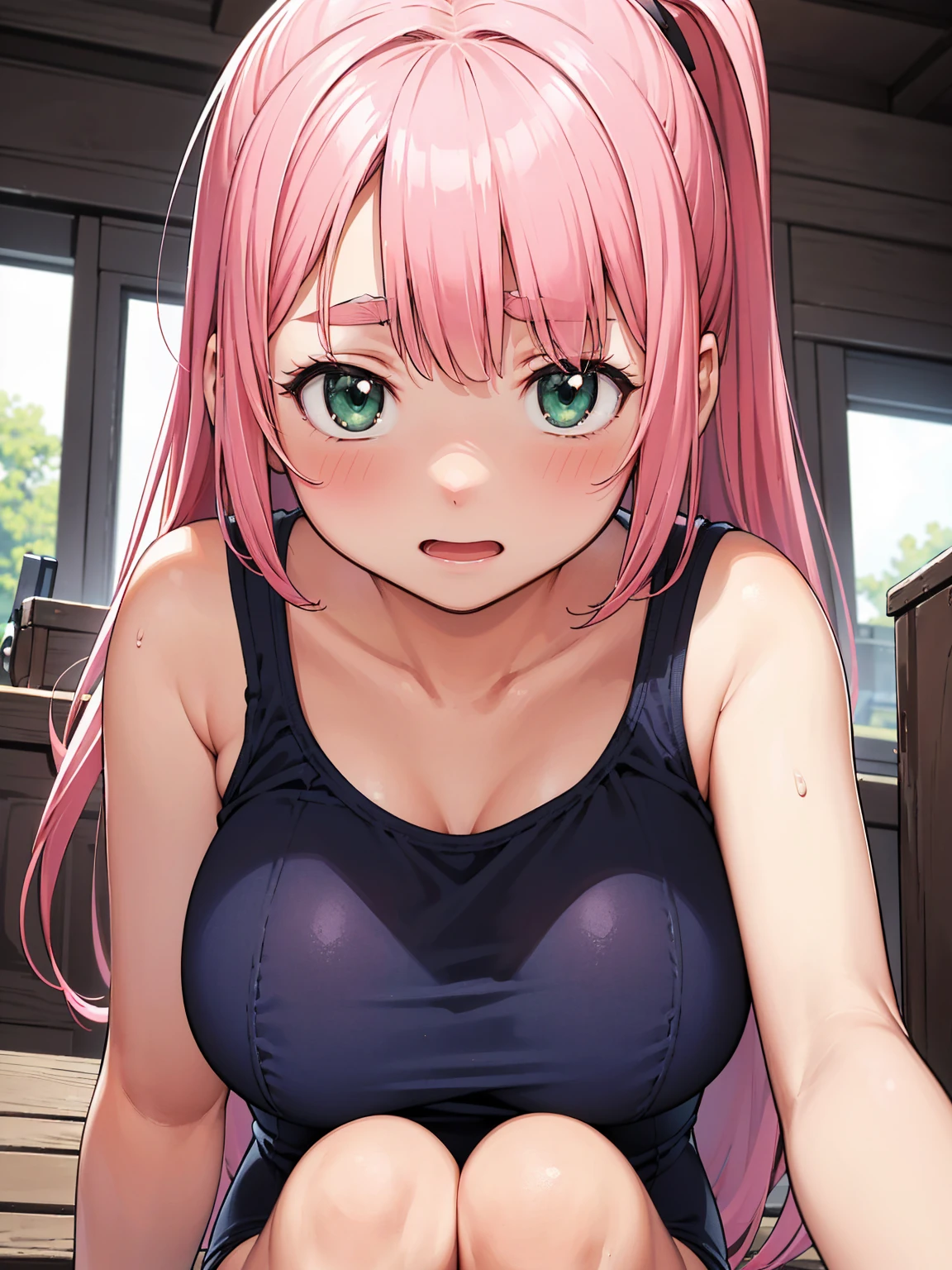 8K quality,(super masterpiece:1.3),Highest quality,Detailed Images,1 female,symmetrical beauty,10th Generation,Medium build,(Surprised expression,blush,bright red),(Pink Hair,Long Hair,High Ponytail),(Thick eyebrows,Thick eyebrows),(Droopy eyes,Green Eyes,Green Eyes,Bright Eyes),(Large Breasts,F cupの胸),Tan Skin,(School Swimsuit),(Draw the whole body),(Face directly towards the camera,Looking directly at the viewer,looking at the camera,The body faces the viewer,The body is facing the direction of the camera,Face looking straight into the camera).