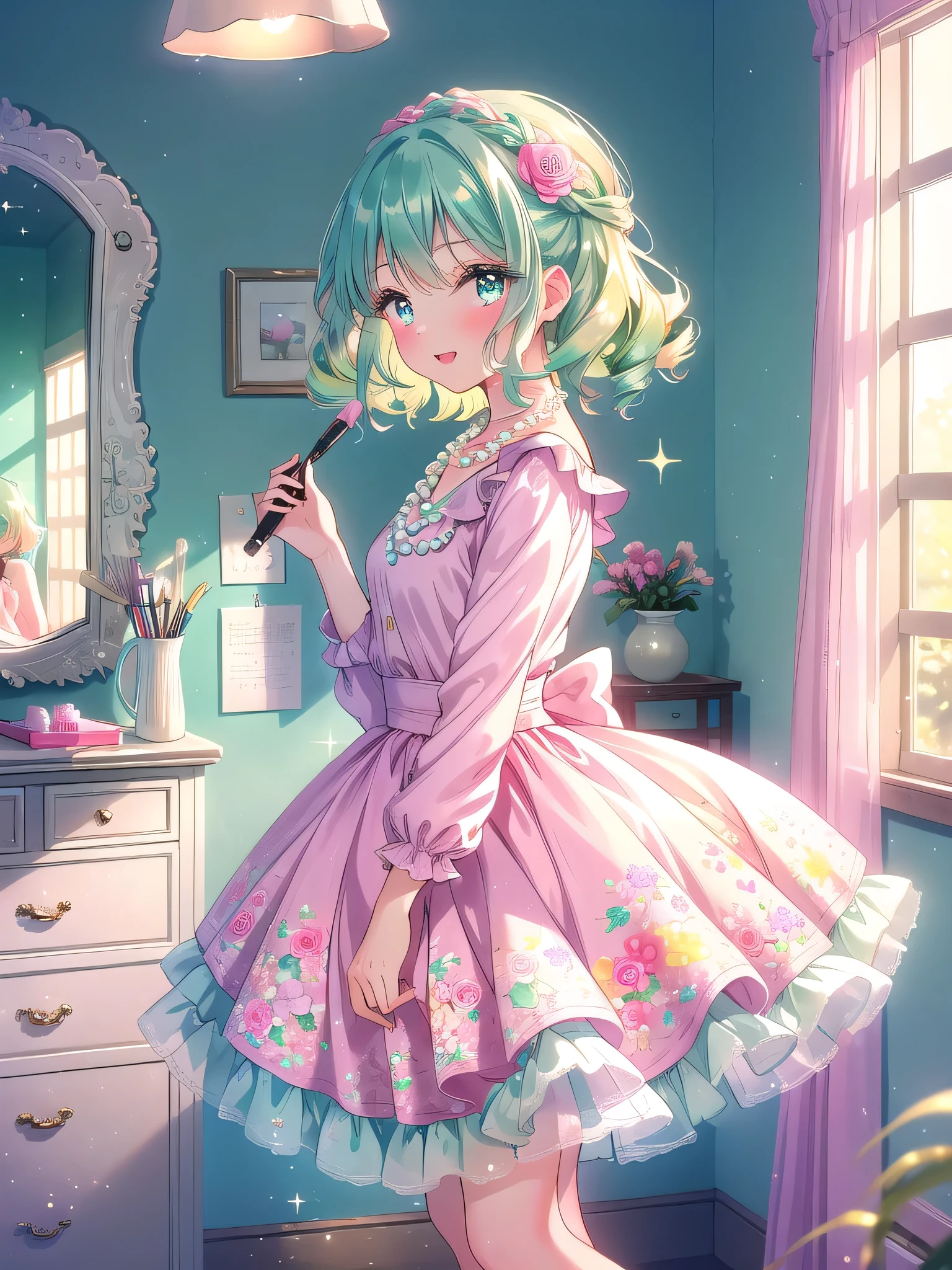 ((8k, Highest quality, masterpiece: 1.3)),Ultra-high resolution,(1 girl, alone), (Color changing eyes, Ultra-detailed, Expressive brilliance, Glitter, Glowing Eyes), Highly detailed eyes, Highly detailed face, Random Hair, ((pastel colour)),A joyful young woman with pastel mint-green hair styled into bouncy curls, standing by her closet in her softly lit bedroom during a bright afternoon. She is dressed in a cute yet subtly sexy 1950s housewife cosplay, wearing a knee-length floral dress with a fitted waist and a simple pearl necklace. The camera captures her from a side angle as she cheerfully picks out an outfit, her expression lively and content. The room is filled with warm, natural light, with neatly organized clothes, a small vanity with various cosmetics, and a cheerful, pastel color scheme creating an inviting and vibrant atmosphere.

