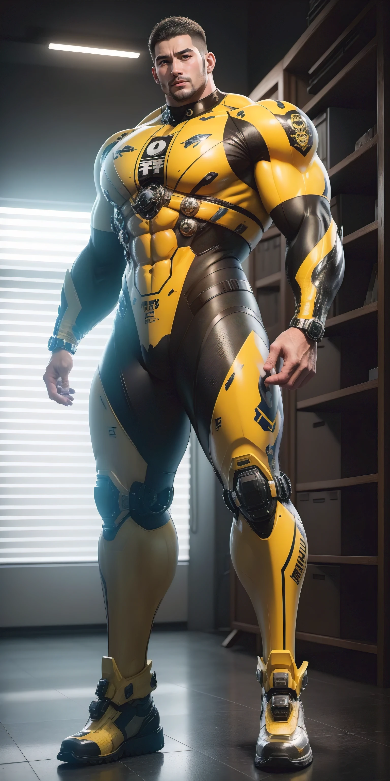 Tall giant muscular police officer，Yellow and black camouflage patterned nano mecha，Honeycomb pattern，Lightweight texture，Character Concept（Resident Evil - Chris Redfield，Chris Redfield）senior police officer，Small grid texture，Regular symmetrical texture pattern，Sad expression，Deep and charming eyes，Standing in a bright mechanical laboratory，Emerald Eyes Hero，Heroic male pose，Tall burly，muscular！Attractive leg muscles，High target, Burly, Heqiang，  Super Buff and Coolness， High Resolution Committee， Bigfoot yellow-gray ultra-thin nano-mechanical boots，Charismatic strongman，The bright sunshine shines on you，Matte particles，Shiny texture