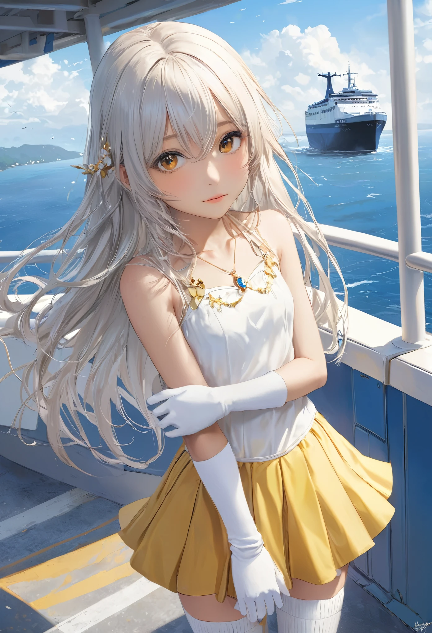 (masterpiece, Highest quality:1.2), one person&#39;s, alone,Bony body、5 years old、ferry, ((Long Hair)), ferryBase, ((Knee socks)), Exposing shoulders, ((jewelry)), ((No sleeve)), White Dress, Yellow skirt, ((gloves)), Up to the thighs, 