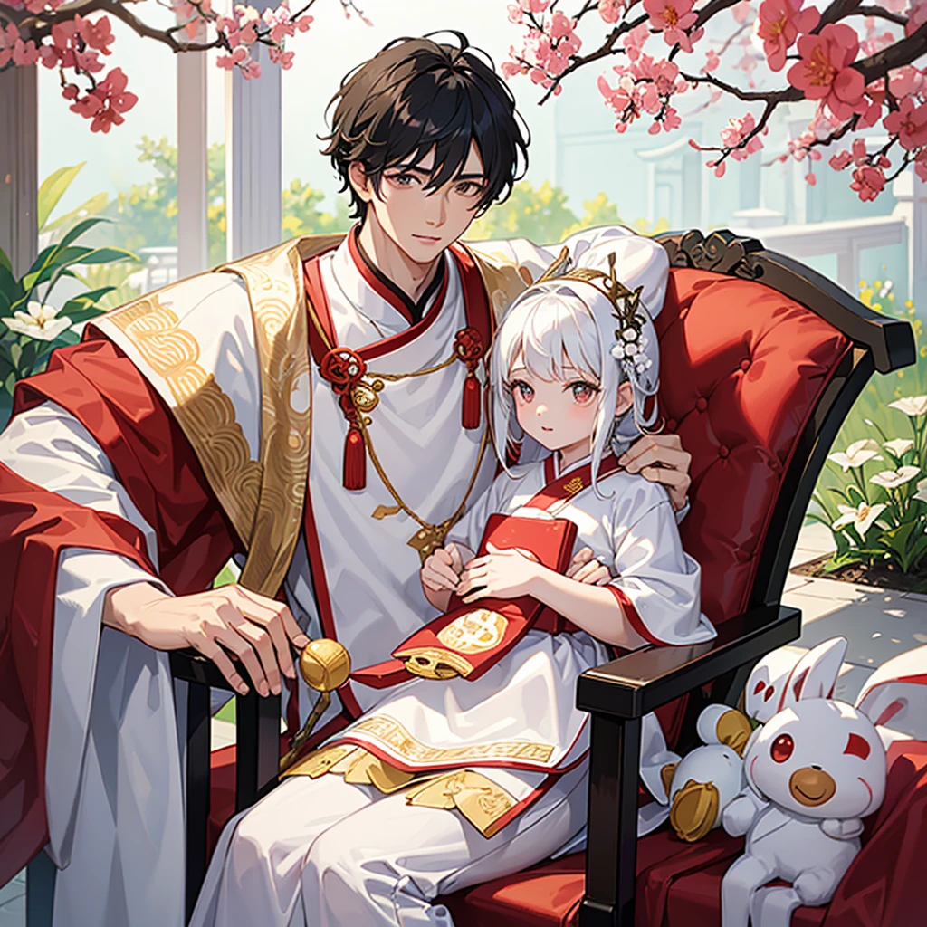 a handsome young man with a good face and a gentle face, wearing a white ancient Chinese costume, sitting on a chair, hugging his little sister 1 year old, who is 1 year old, black hair, in a red Chinese new year costume, in the morning, there is sunlight shining in the front yard garden.